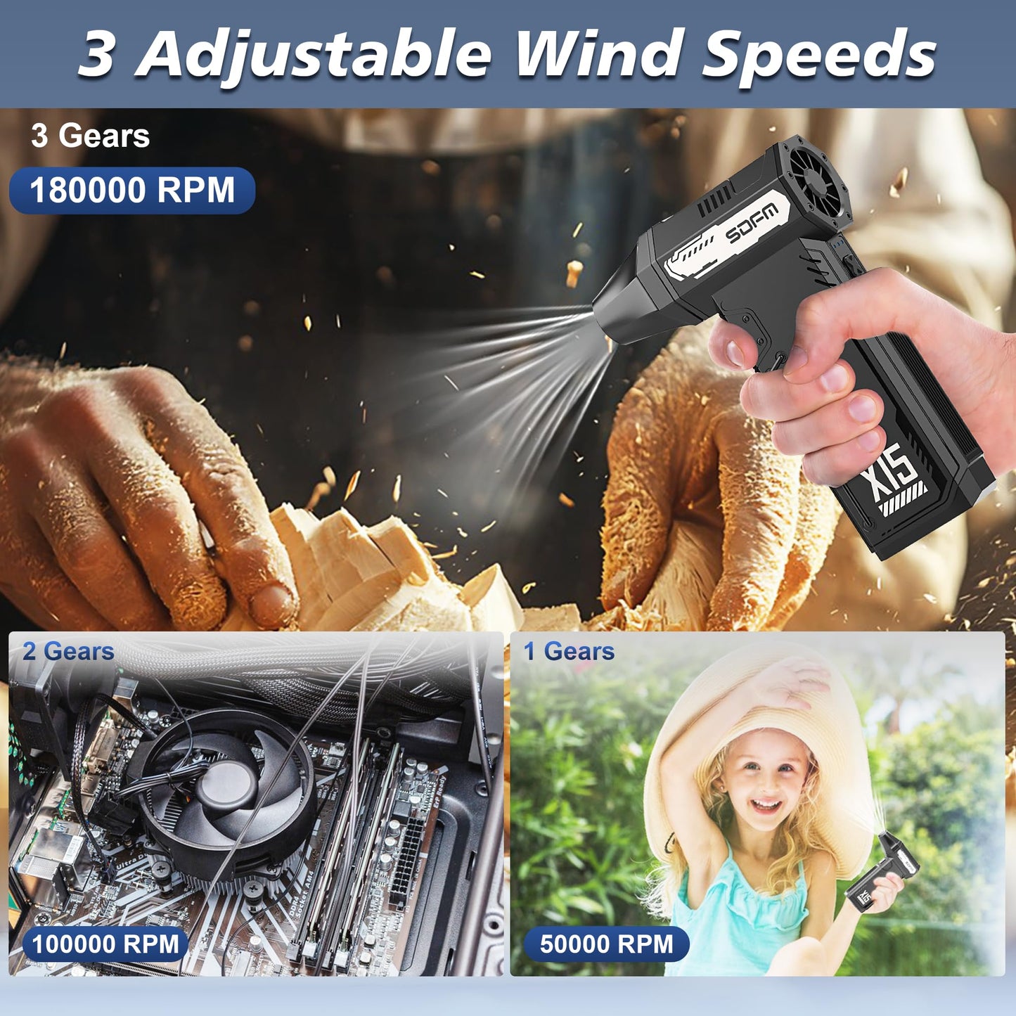 SDFM Compressed Air Duster - 180,000 RPM Compressed air - with Brushless Motor, 3-Gear Adjustable Air Duster - for Keyboard, PC, Car, Air Bed, and Home Cleaning (Black)