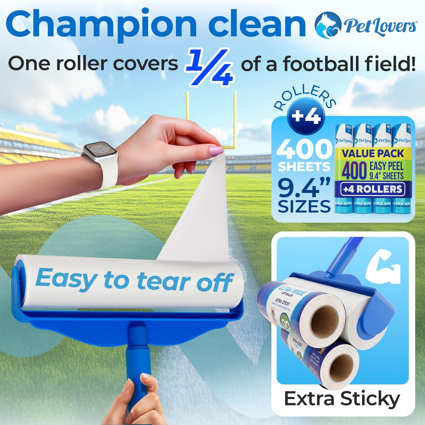 PetLovers Large Lint Roller with 3 Refills – 400 Total Sheets for Tackling Pet Hair, Extra Large Floor and Carpet Roller for Homes with Pets, Perfect for Floors, Furniture, and Loving Pet Owners