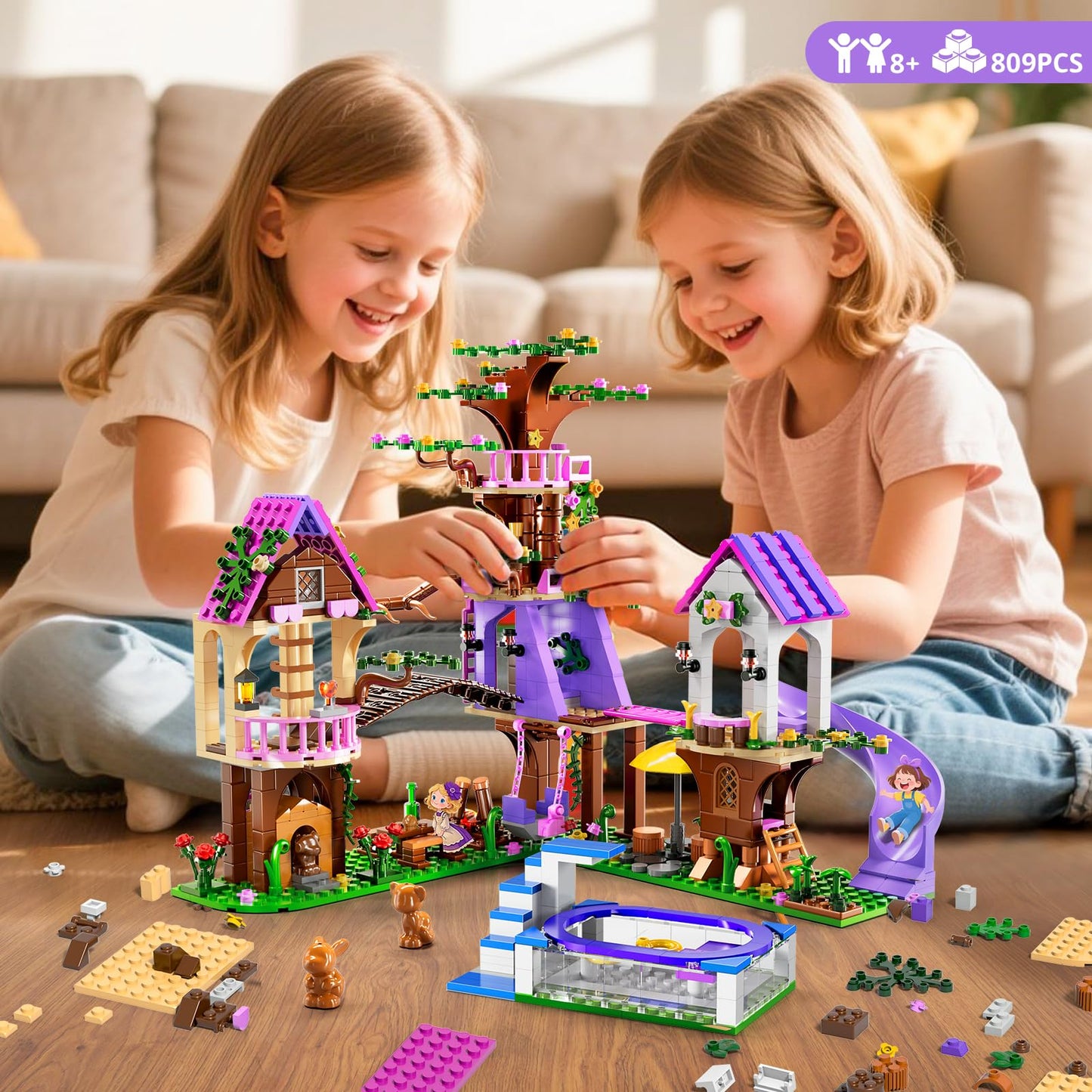 2025 Upgraded Treehouse Building Blocks Toy for Girls, 809PCS Forest Girl Tree House Building Set, Adventure Camp Set with Animals and Pool, Xmas Birthday Gifts for Kids Girls Age 7 8 9 10 11 12 13 14