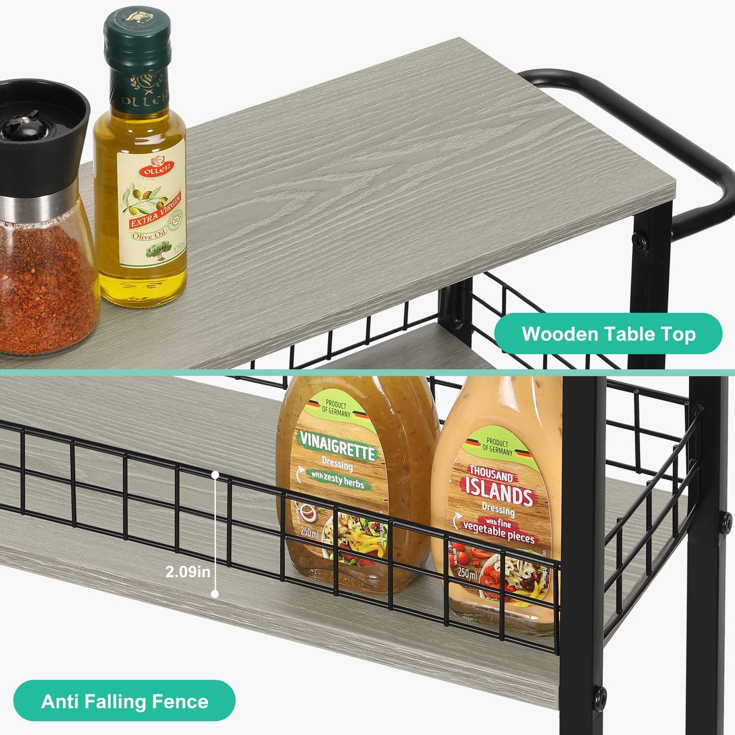 YBING Slim Storage Cart 4 Tier Narrow Rolling Cart on Wheels Mobile Kitchen Narrow Cart with Wooden Tabletop Grey Slim Utility Kitchen Storage Cart with Handle for Living Room 7.3''Wide