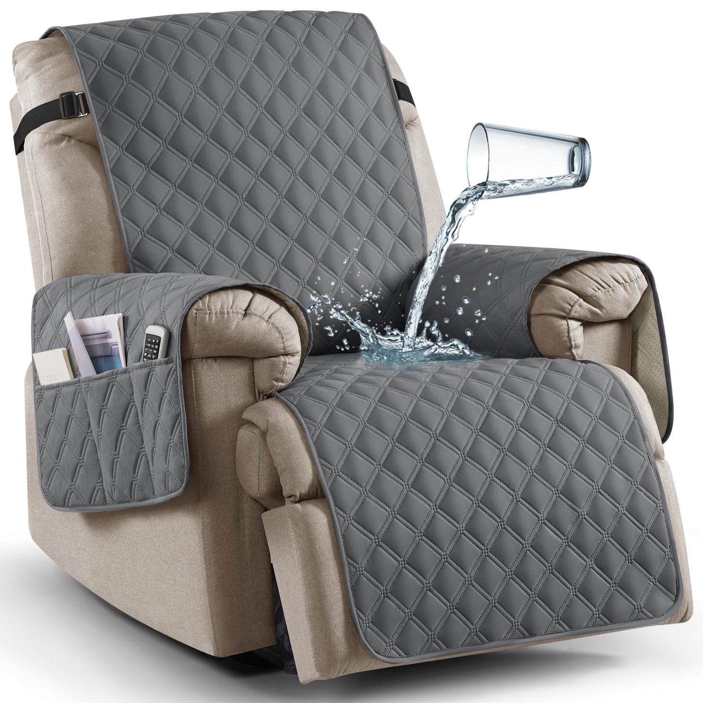 Ruaozz 100% Waterproof Recliner Chair Cover Non-Slip Reclining Cover for Recliner Chair Washable Chair Seat Cover with Elastic Straps for Kids, Dogs, Pets (Dark Grey, 1 Seater 23'')