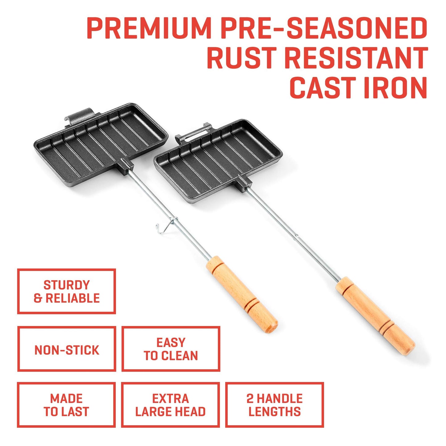 Uno Casa Cast Iron Pie Iron - Campfire Pie Iron Sandwich Maker with Detachable/Extendable Handles, Camping Mountain Pie Iron - Pre-Seasoned Cast Iron Camp Cooker