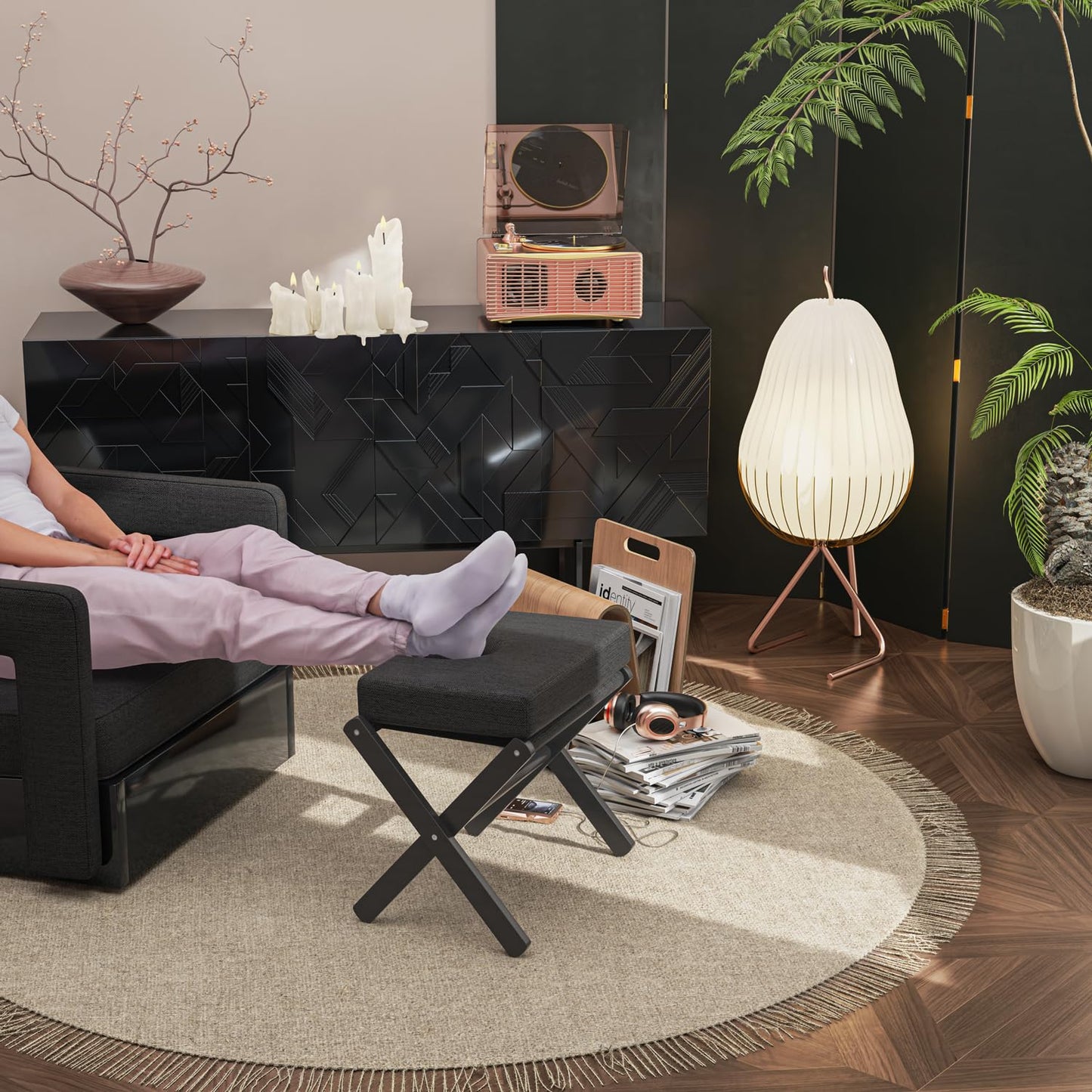 BAMBOOHOMIE Foldable Foot Stool Ottoman, Modern Foot Rest with Bamboo X Legs & Thick Foam Cushion, Folding Foot Stools Small Padded for Bedroom Living Room, Makeup Vanity Stool Chair (Black - Black)