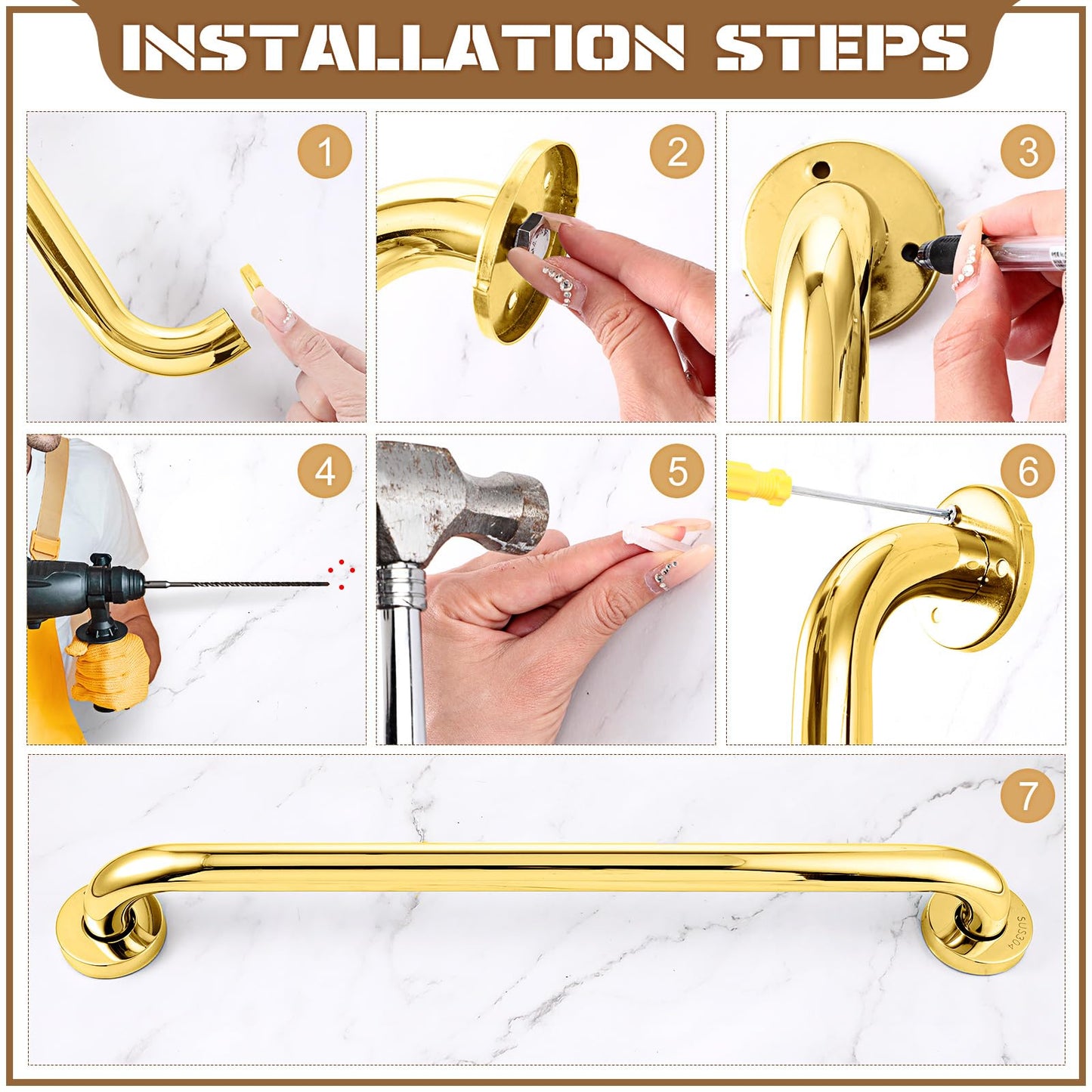 Tatuo 4 Pack Showers Grab Bars for Bathtubs 304 Stainless Steel Bathroom Safety Handrails Anti Slip Handles Grab Bars for Elderly, Senior, Pregnant(Gold, 25 Inch)