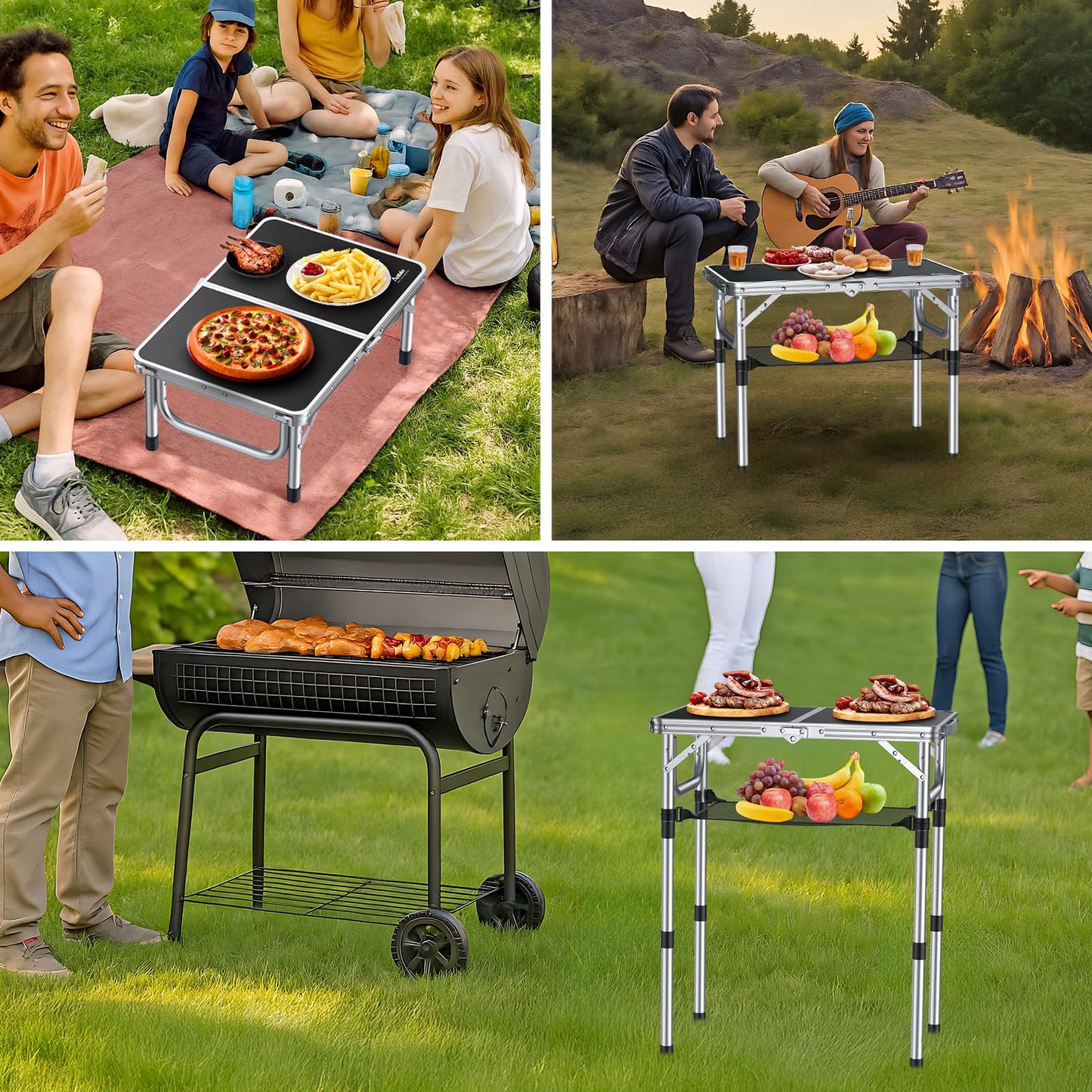 Anbte Folding Camping Table with Storage Net, 3 Adjustable Heights Aluminum Outdoor Tables, Lightweight, Waterproof, for Outdoor Indoor Picnic Beach Kitchen Picnic Backyard, 24" x 16", Black