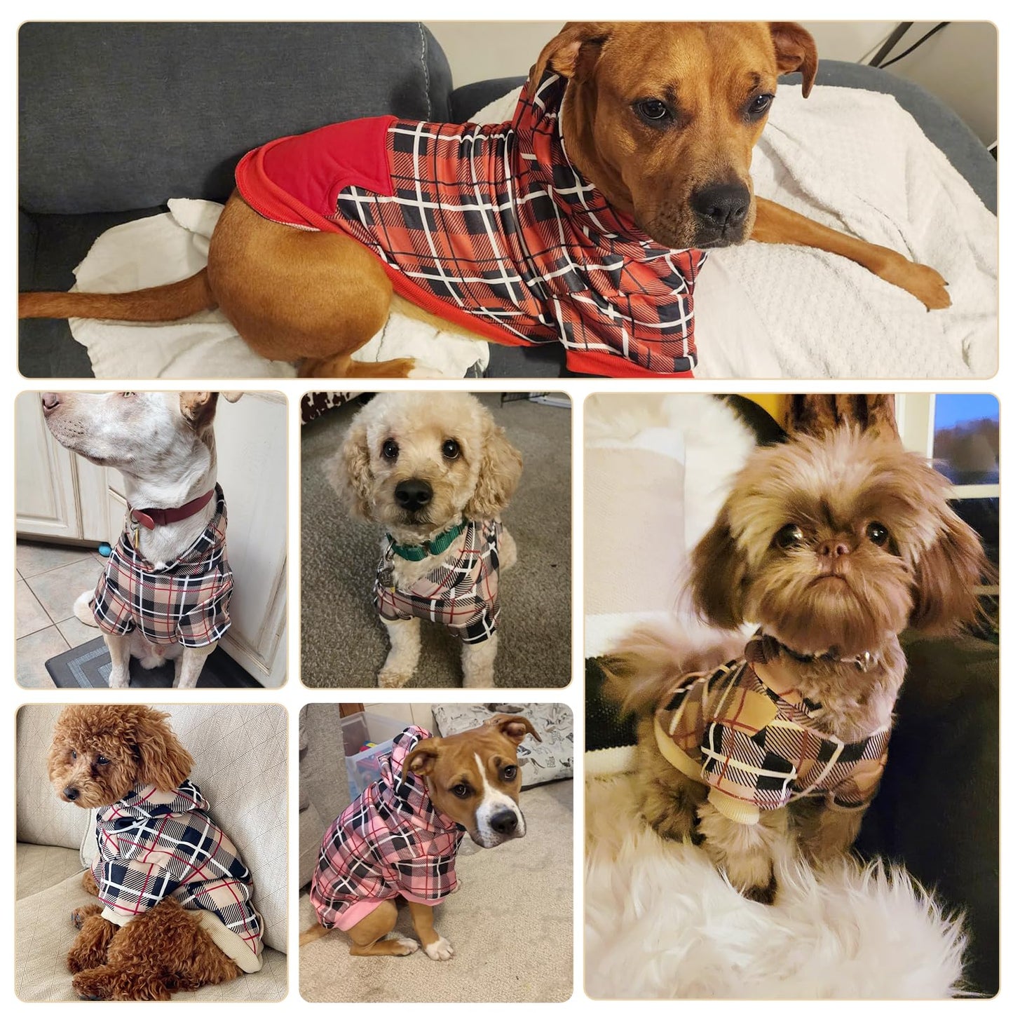 EXPAWLORER Plaid Dog Hoodie - British Style Warm Dog Sweater Shirt with Leash Hole,Pitbull Clothes Outfits,Winter Coat Apparel for All Breeds Puppy Girl Boy-Cat Apparel,Beige XL-XXLarge