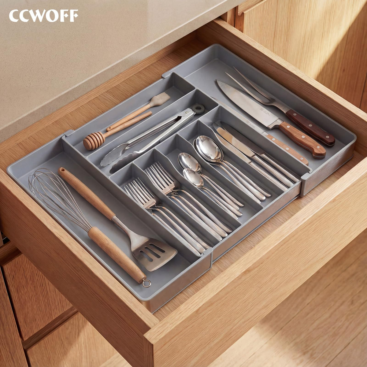 Heavy Duty Stainless Steel Frame Silverware Organizer with Plastic Body, Extra Large Silverware Drawer Organizer, 9 Slot Expandable Kitchen Drawer Organizer, 8 Non-Slip Feet Included, BPA Free, Gray