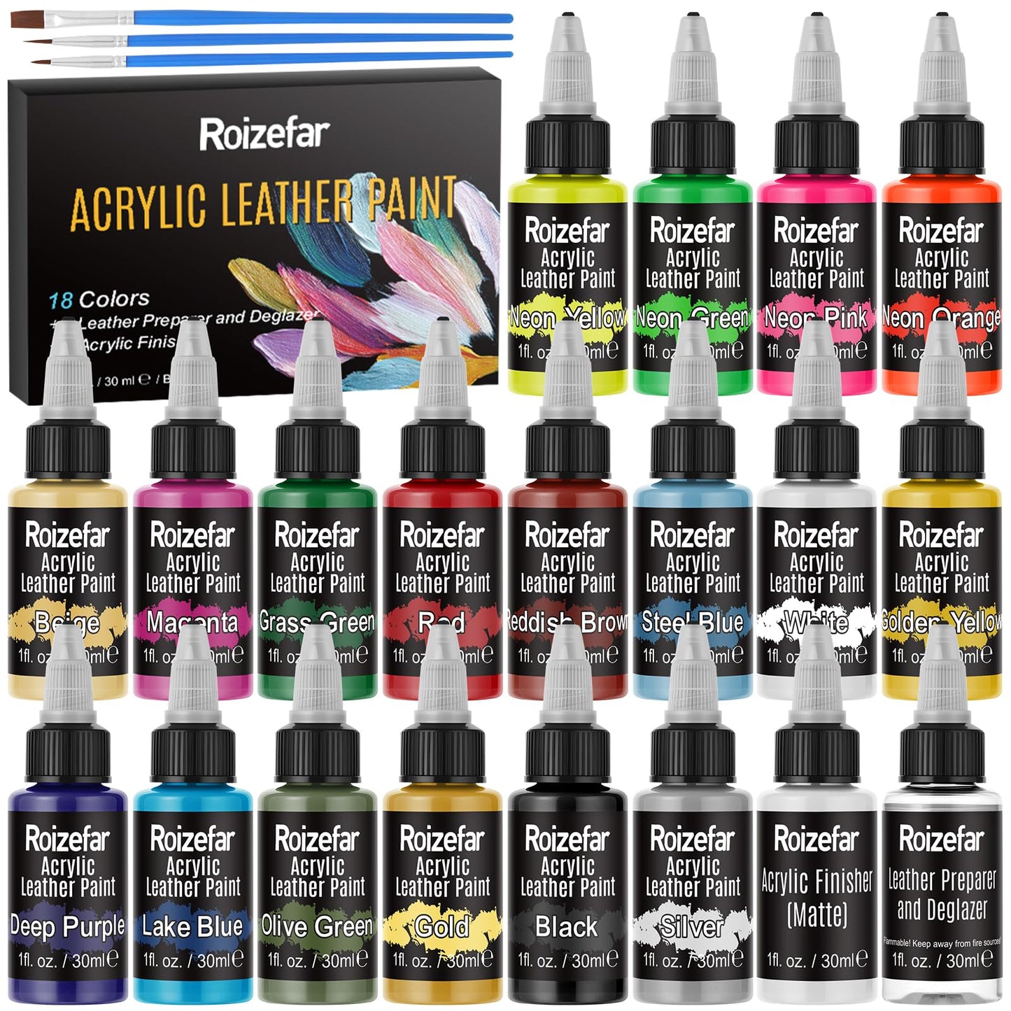Roizefar Acrylic Leather Paint, Ultimate All-in-One 20 x 30ml Kit with Deglazer & Finisher, 18 Colors Flexible & Waterproof Leather Dye for Shoes, Bags, Jackets, Sneakers, Couches, Car Seats, Sofa