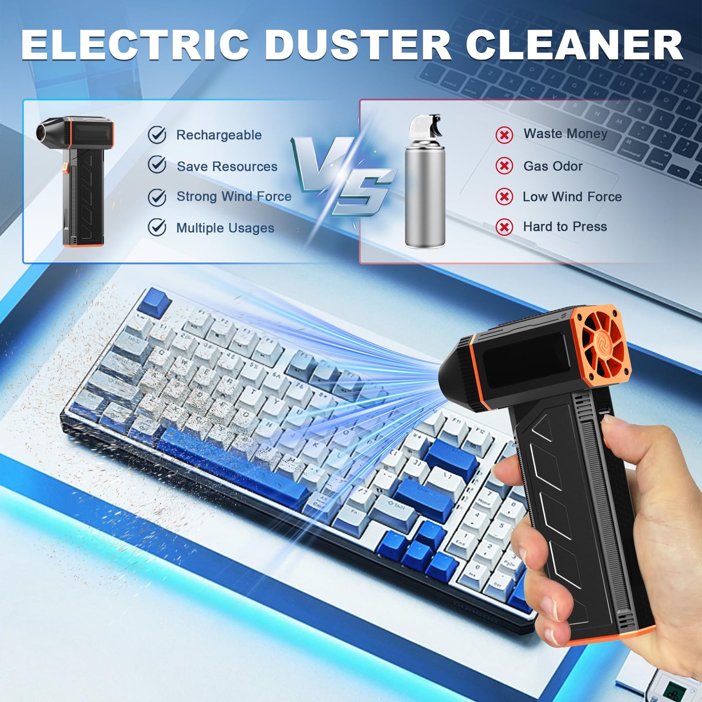 CCV Compressed Air Duster - 130000RPM Electric Air Duster for Cleaning Keyboard&PC 3 Gears Adjustable Rechargeable Cordless Jet Dry Blower Air Blower for Car and Home