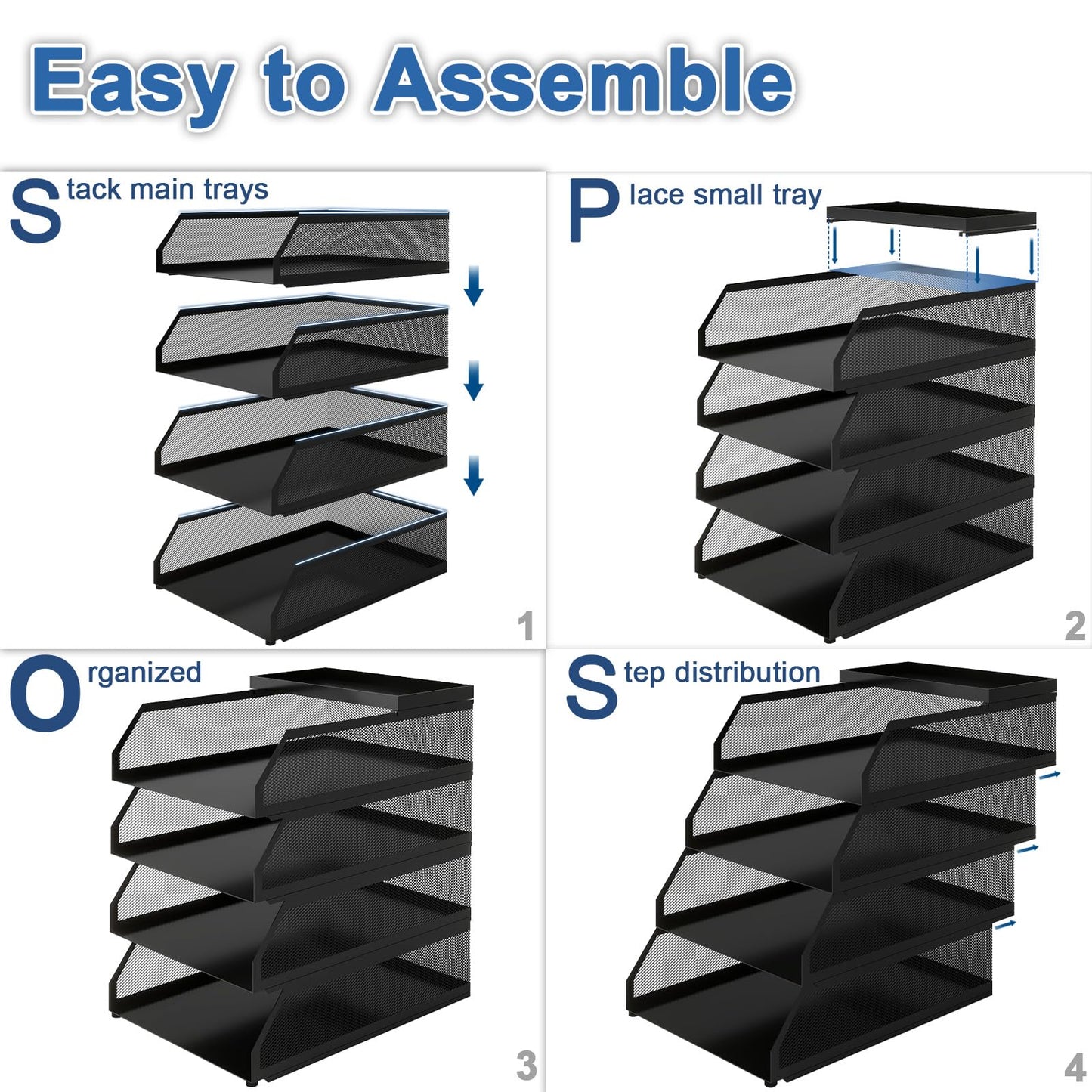 Natwind 4-Tier Stackable Paper Tray, Metal Mesh Desktop Organizer, Paper Sorter, Letter Trays,File Document Storage Rack for for Home, Office, School (Black)