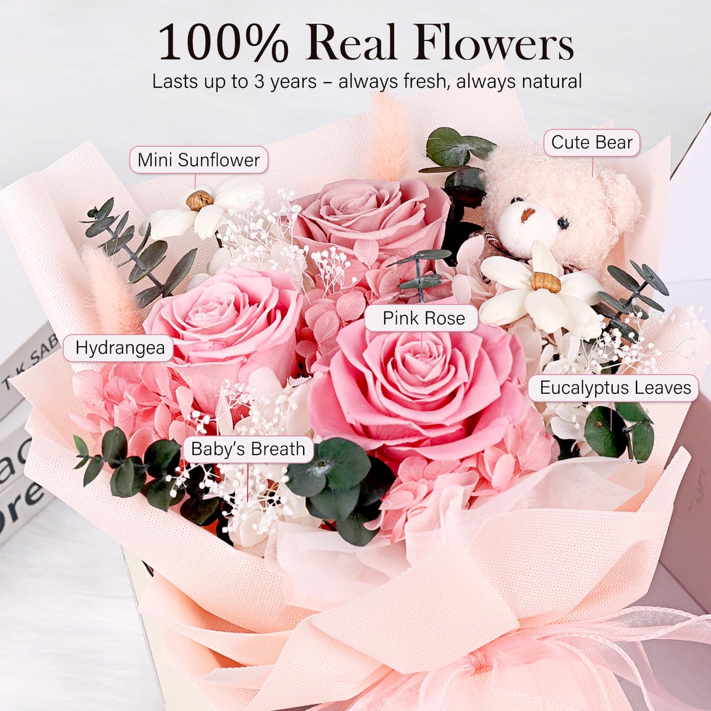 Preserved Flowers Bouquet with Bear, 3 Real Forever Flowers for Delivery, Long-Lasting Pink Eteranl Roses Bouquet, Anniversary Birthday Graduation Gifts for Women Girlfriend Her Mom Grandma