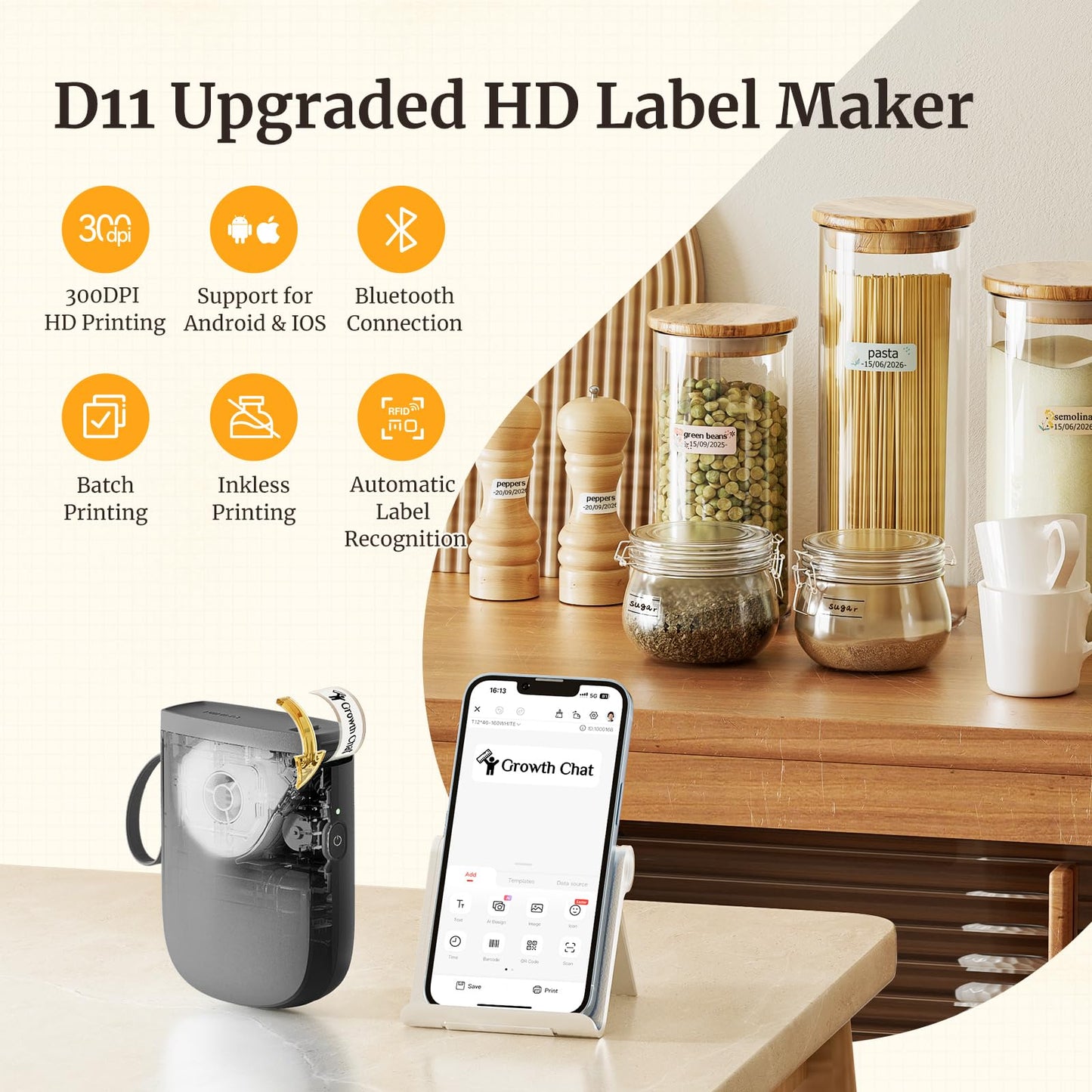NIIMBOT D11 Label Maker Machine with Tape, Upgrade HD Printing Inkless Automatic Feeding One-Touch Custom Portable Bluetooth Sticker Printer