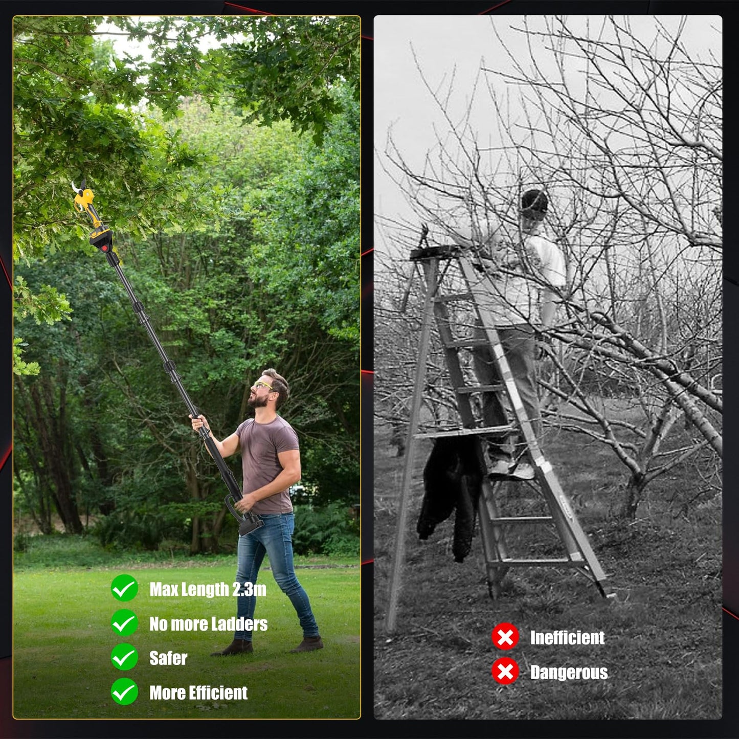 2-in-1 Cordless Electric Pruning Shears with 8FT Pole, Max Cutting Diameter 2 Inch, 21V 2 * 2Ah Battery Pruning Shears with LCD Display, 1000W Brushless Pole Pruner Garden for Tree, Branch Trimming