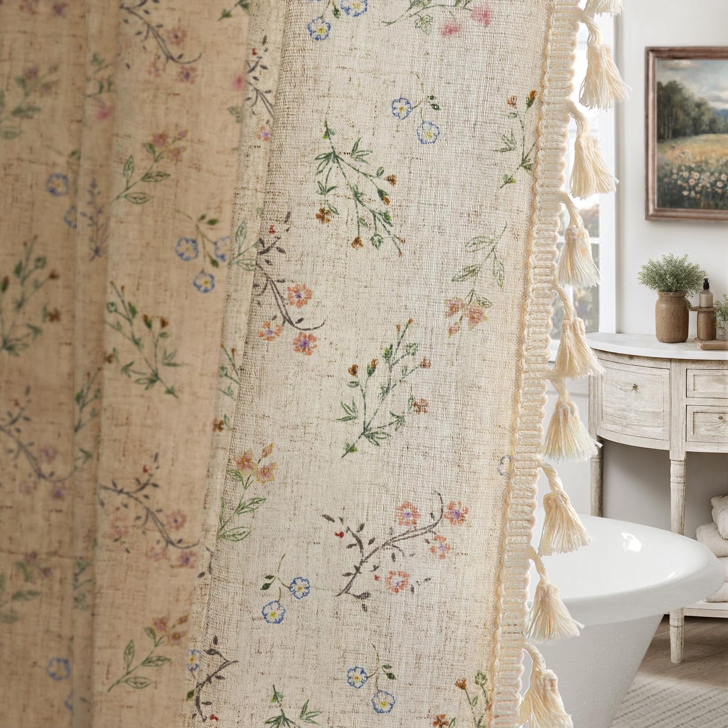 XOGUIBO Floral Farmhouse Vintage Linen Shower Curtain, French Country Spring Shower Curtains for Bathroom with Tassels, 72Wx72H