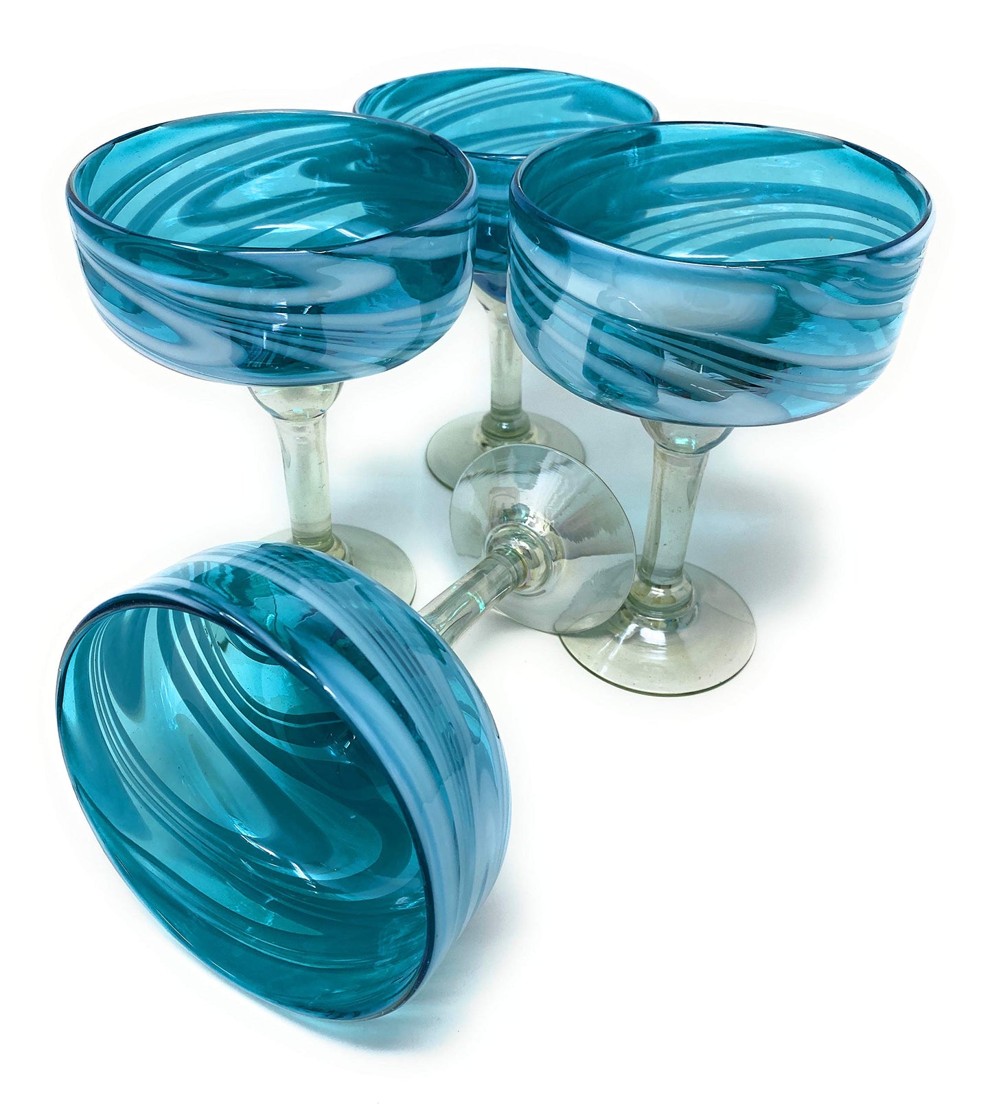 Dos Sueños Mexican Hand Blown Glass â€“ Set of 4 Hand Blown Margarita Glasses Aqua Swirl (16 oz)