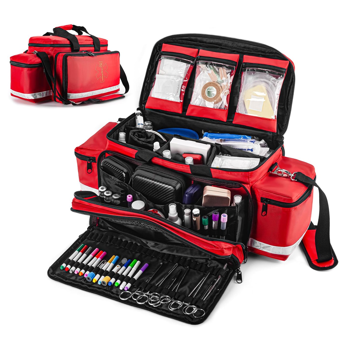 PTAHON Medical Bag - First Aid Bag Empty, EMT Bag for EMTs, Paramedics & First Responders, 25.8" Water-Resistant, 360° Reflective, 4 Dividers, 3 Removable Transparent Pouches, Padded Detachable Strap