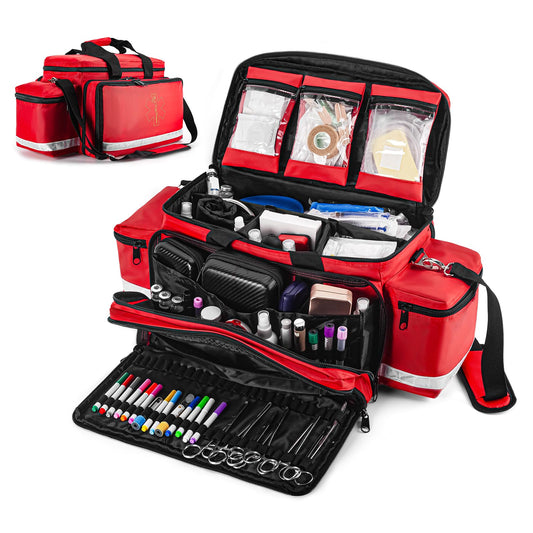 PTAHON Medical Bag - First Aid Bag Empty, EMT Bag for EMTs, Paramedics & First Responders, 25.8" Water-Resistant, 360° Reflective, 4 Dividers, 3 Removable Transparent Pouches, Padded Detachable Strap