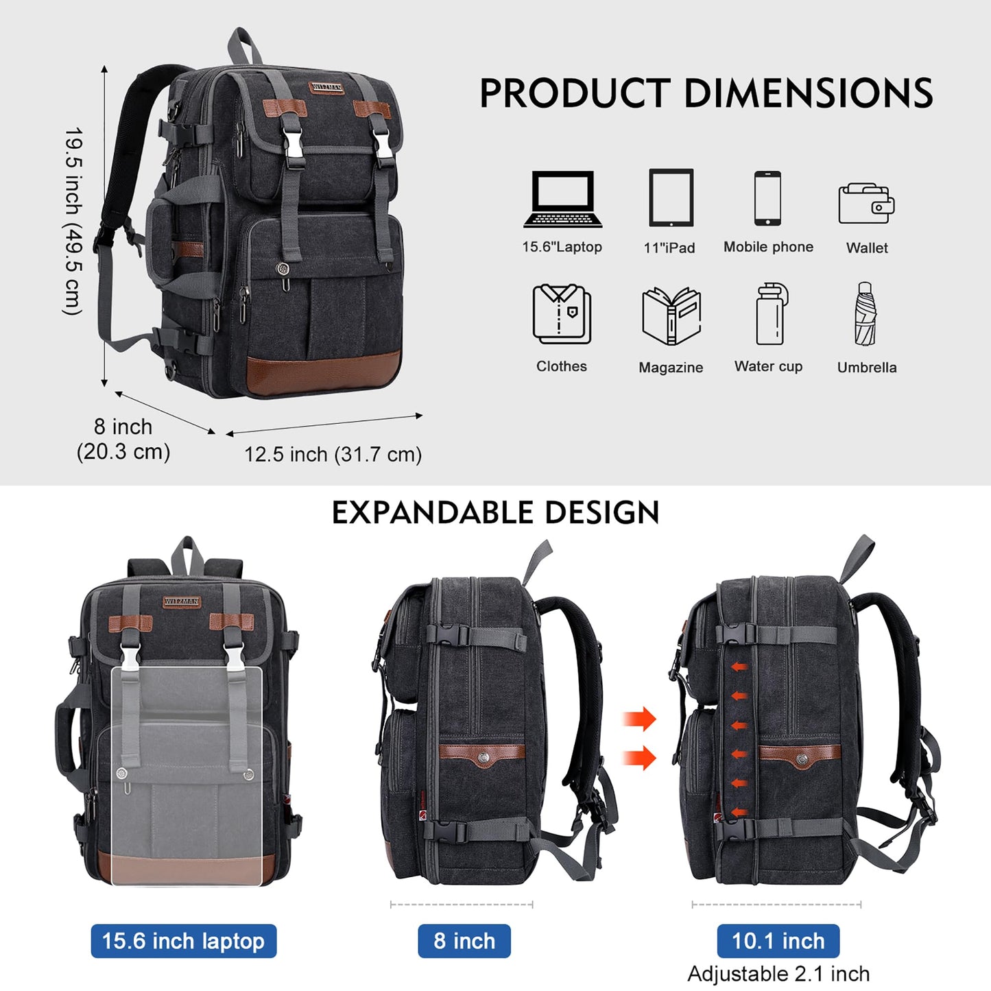 WITZMAN Canvas Travel Backpack for Men Large Laptop Backpack Fit 17 inch Carry-on Airline Approved Convertible Shoulder Rucksack(A6617-3 Black)