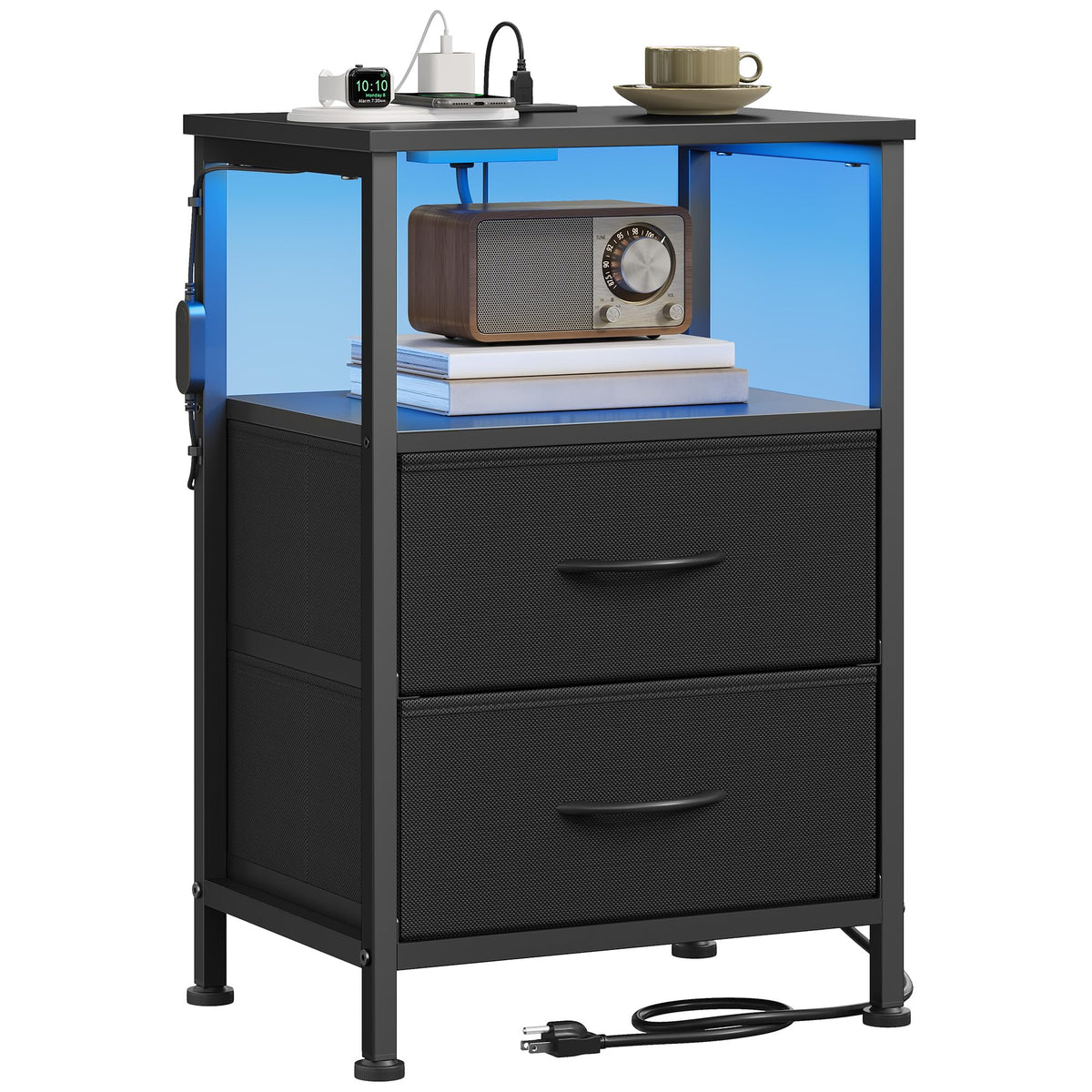 SONGMICS BELLAH Collection - Nightstand with Charging Station and APP-Controlled Adjustable LED Lights, Bed Side Table, 2 Drawers and Open Shelf, Bedroom, Ink Black and Ebony Black ULGS302BH04