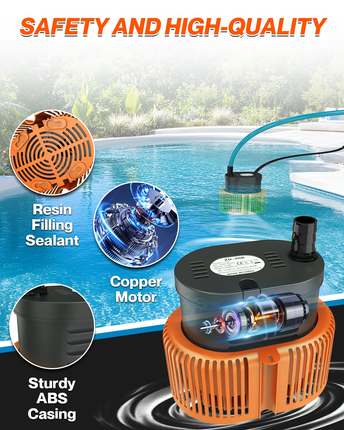 AgiiMan Pool Cover Pump Above Ground - Submersible Swimming Sump Inground Pump, Water Removal with 16' Drainage Hose and 25 Feet Power Cord, 850 GPH, 3 Adapters (Orange)