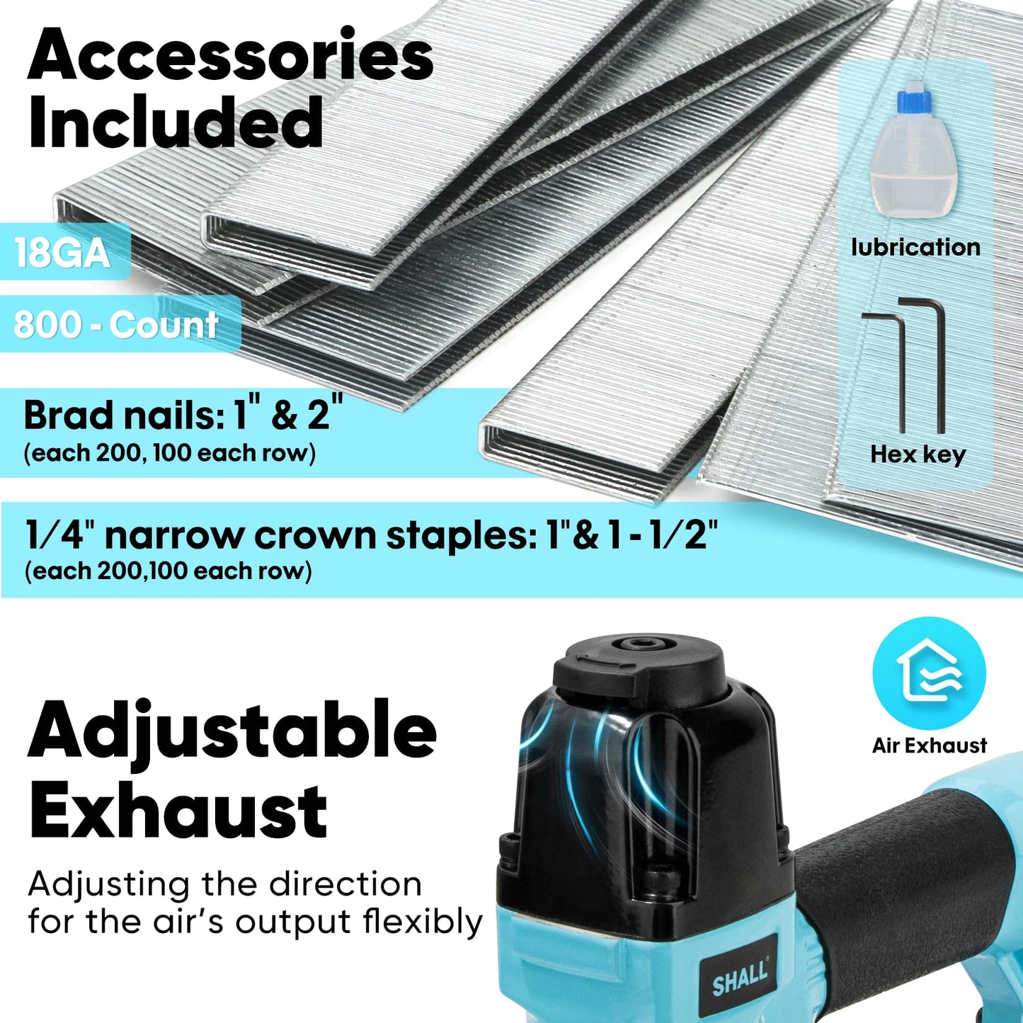SHALL 18 Gauge Pneumatic Brad Nailer, 2 in 1, 18 GA Air Nail Gun and Crown Stapler, 800 Counts Brad Nails (1", 2") and Narrow Crown Staples (1", 1-1/2") Included, for DIY Project, Upholstery