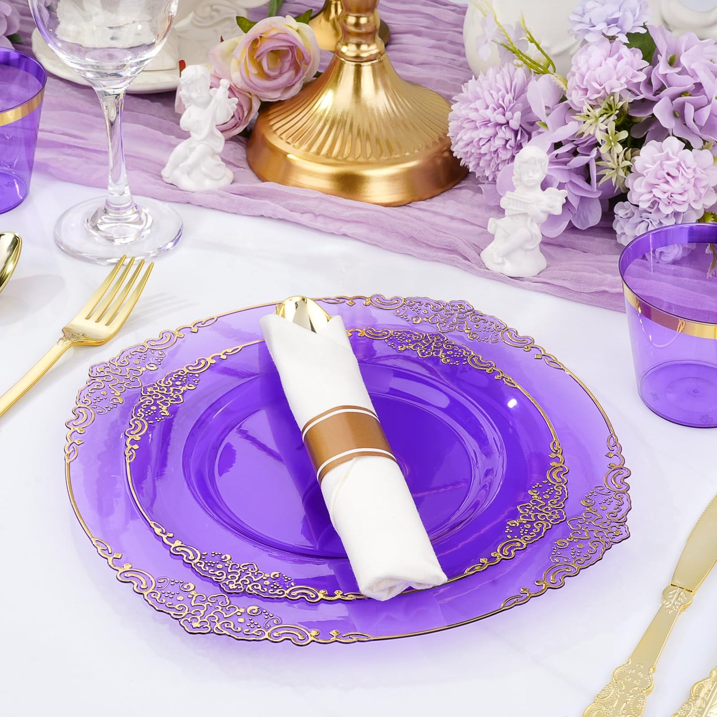 Bestluck 350 PCS Purple and Gold Plastic Plates, Disposable Dinnerware Set for 50 Guests, 100 Disposable Plates, 150 Silverwares, 50 Cups, 50 Napkins for Wedding, Party