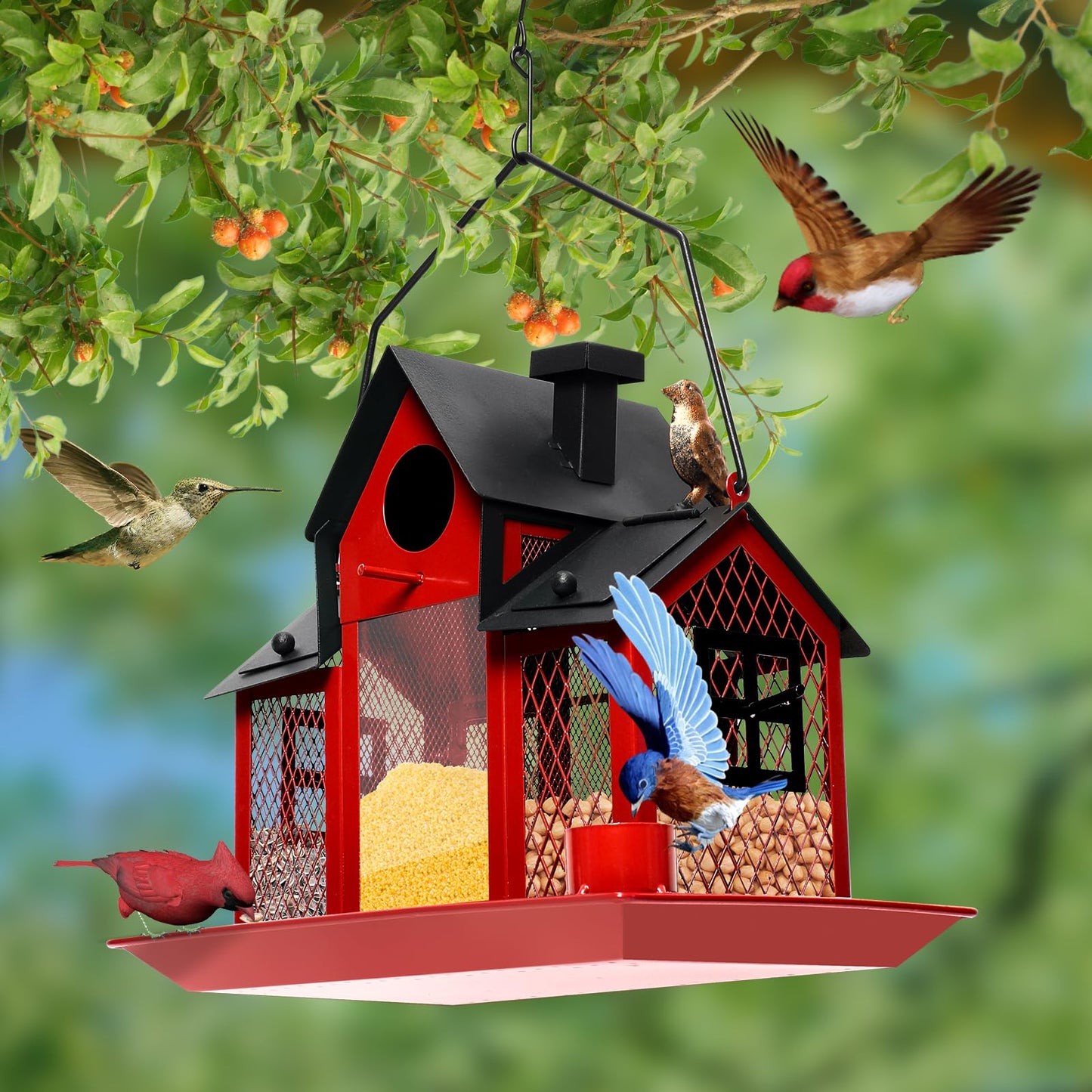Solar Bird Feeders House for Outdoors Hanging, 7LBS Large Capacity Metal Wild Bird Feeder Squirrel Proof for Outside with Water Cup, Cardinal Birdfeeder Birdhouses Gift for Bird Lovers (Red)