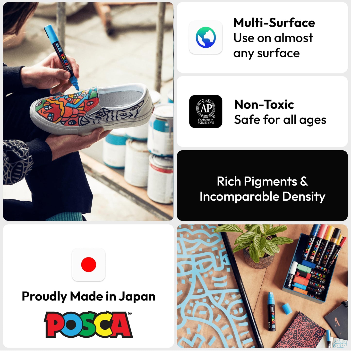 posca Authentic Marker Set, 6 Black Professional Grade Markers with 3M Fine Bullet Tips