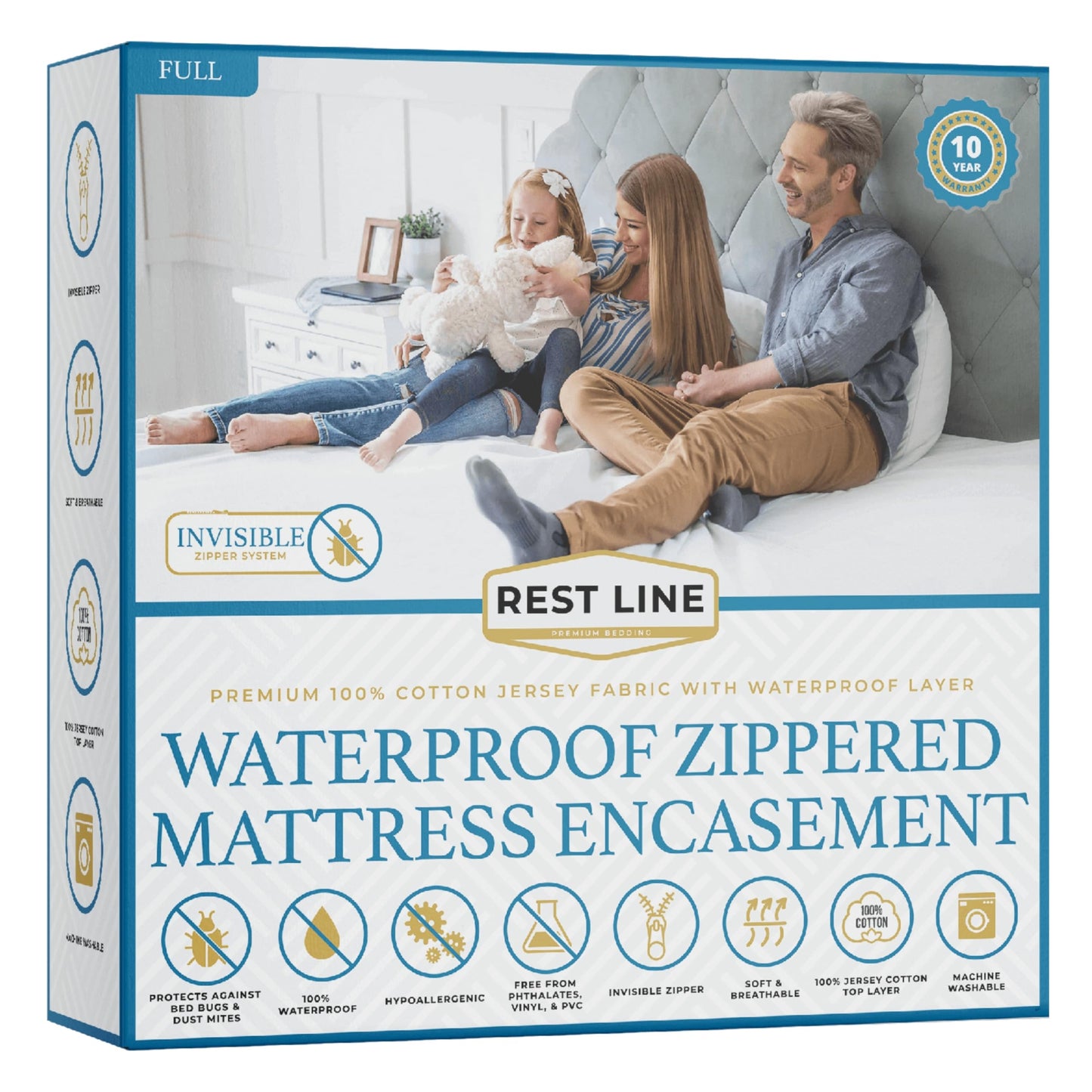 Full/Double 54x75” Premium Waterproof Zippered Mattress Encasement, 100% Cotton, Hypoallergenic, Bed Bug Proof Six Sided Mattress Cover, Invisible Zippered, Soft Breathable up to 15" Deep - Rest Line