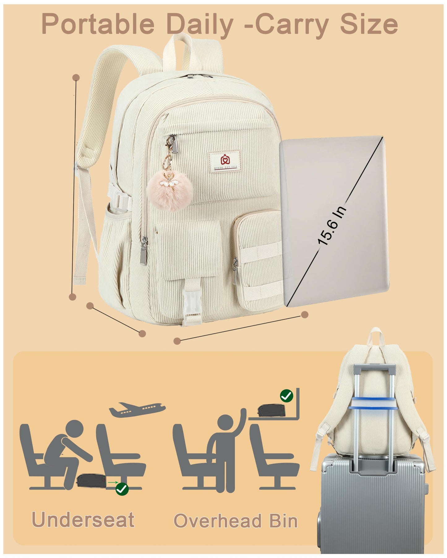 School Laptop Backpack for Teens Girls Women College Backpacks Corduroy Bag Students Bookbag Anti Theft Travel Daypack (Beige)