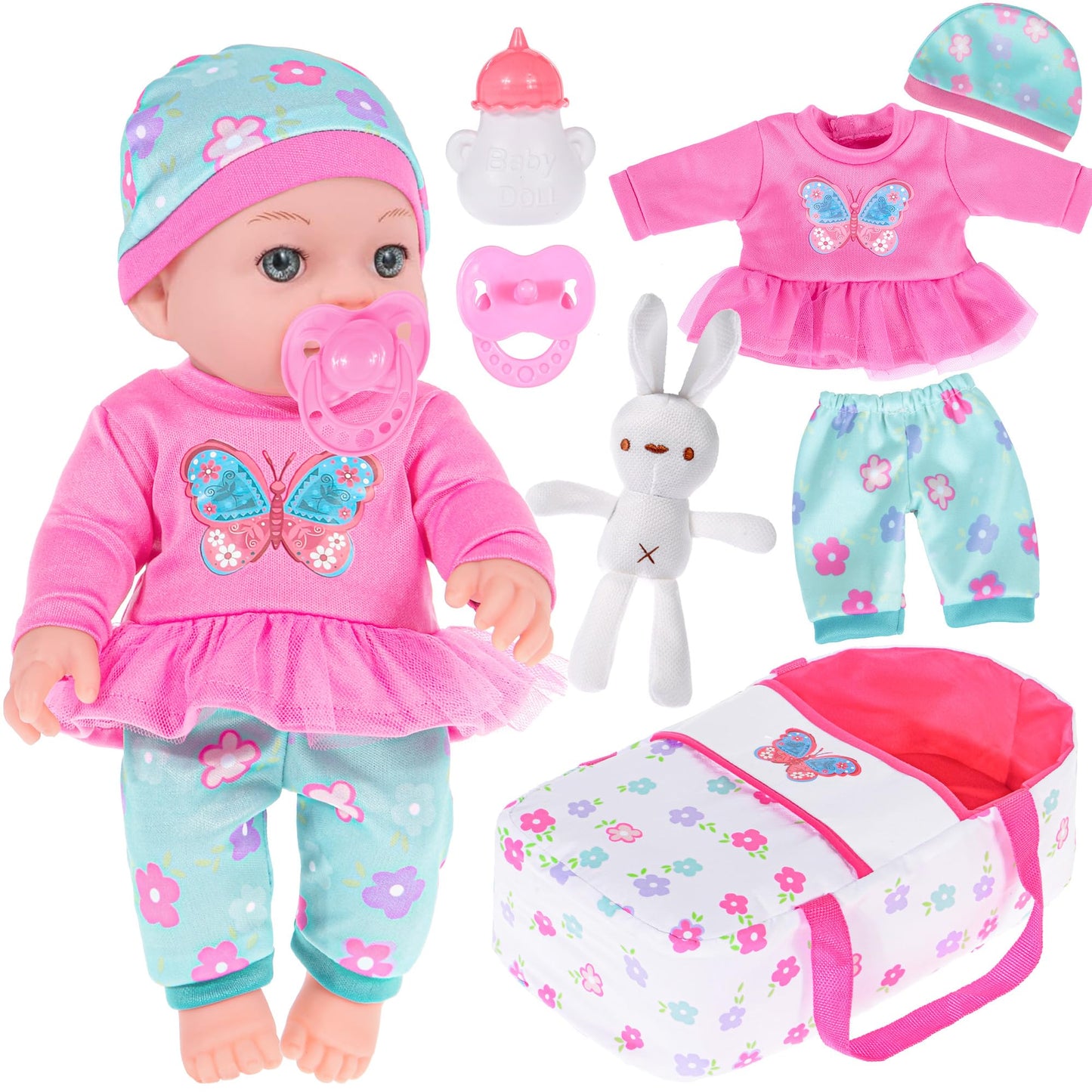 Ebuddy 12 inch Baby Doll and Accessories-Reborn Dolls Real Life Baby Dolls with 1 Sets Clothes,Carry Basket,Bunny Plush Toy,Pacifier, Bottle