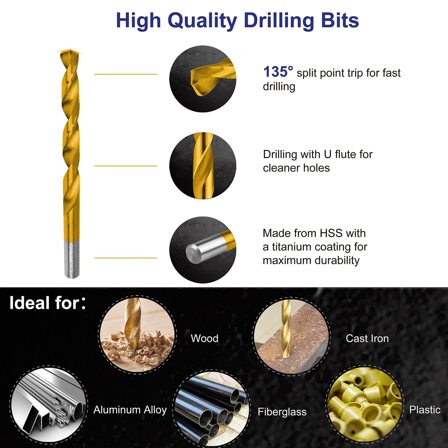Hurricane 230 Pcs Titanium Twist Drill Bit Set, 135° High Speed Steel Drill Bits, Wood Drill Bit Kit, 3/64"-1/2", Ideal Drilling in Wood/Cast Iron/Aluminum Alloy/Plastic/Fiberglass, with Hard Storage
