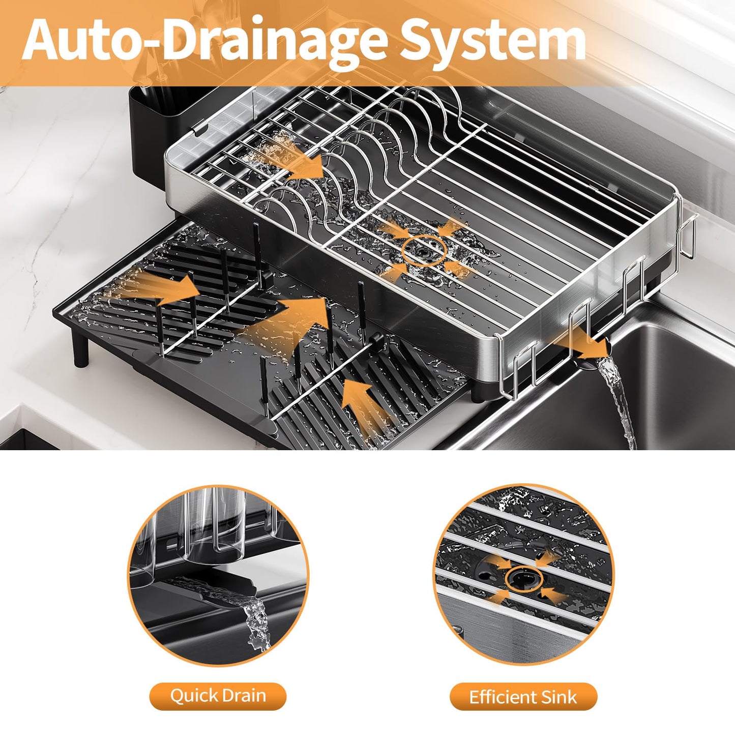Expandable Dish Rack with Drainboard - Stainless Steel Dish Drainer with Removable Cutlery Tray, Foldable Cup Holder, Elevated Feet, Multifunctional Drainboard for Sink Countertop Kitchen Storage