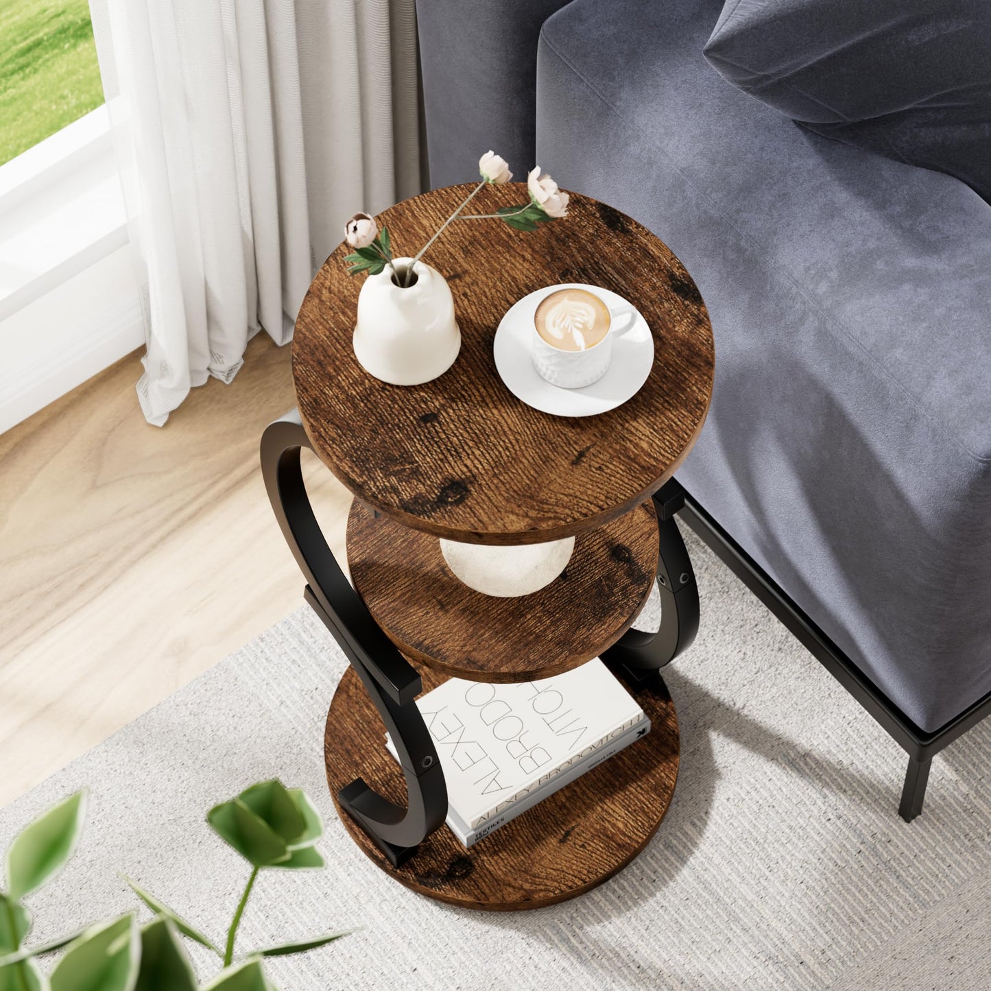 JUSTOGO Round Side Table, S-shaped 3-Tier Coffee Table, Small Table, Wood, Metal Bedside Table for Living Room, Bedroom