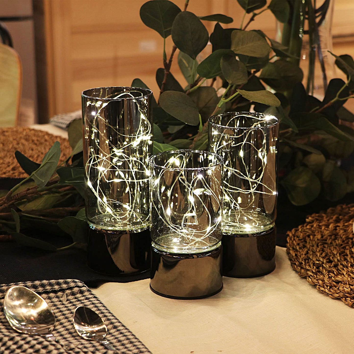 Rhytsing Set of 3 Glass Cylinder Lanterns with Fairy Lights, Decorative Table Lamp Flameless Candle with Timer Function