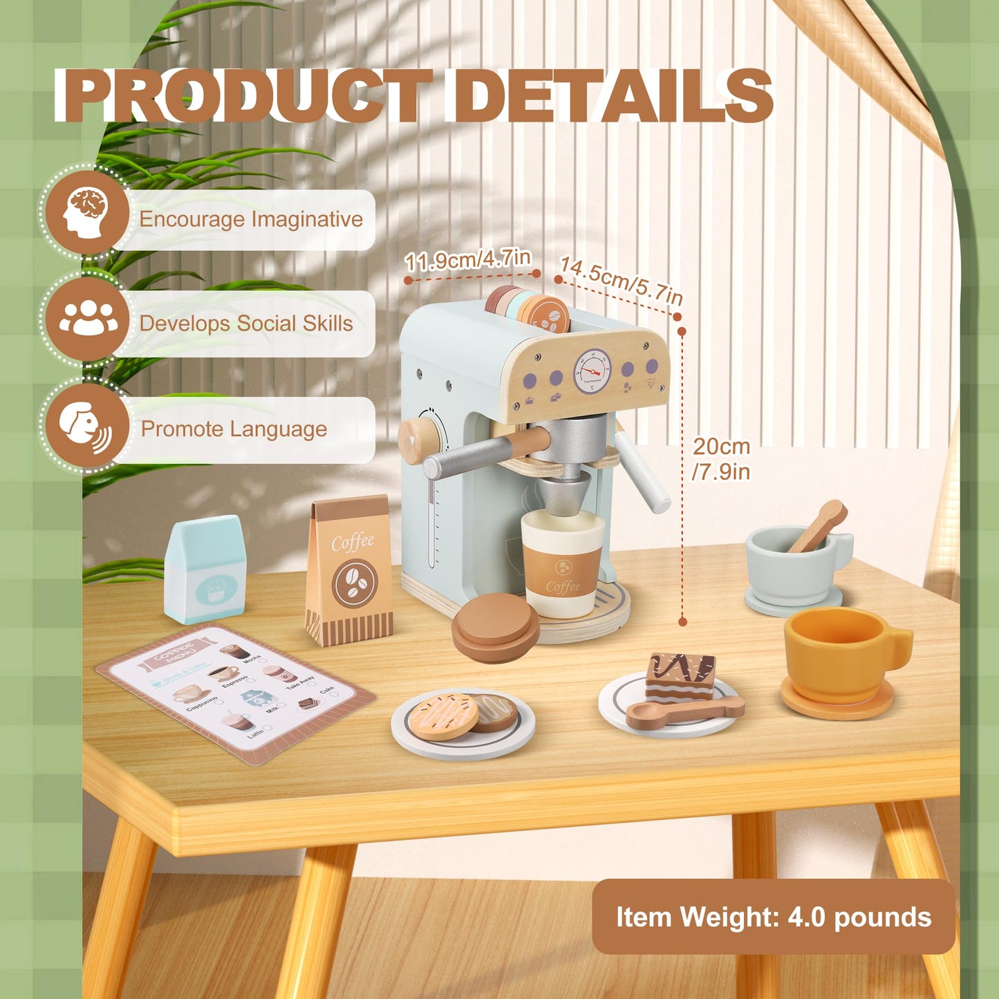 Pithfor Kids Wooden Coffee Maker Toy, Wooden Play Kitchen Appliances & Accessories Toy for Kids Toddlers, Gift for Girls Boys