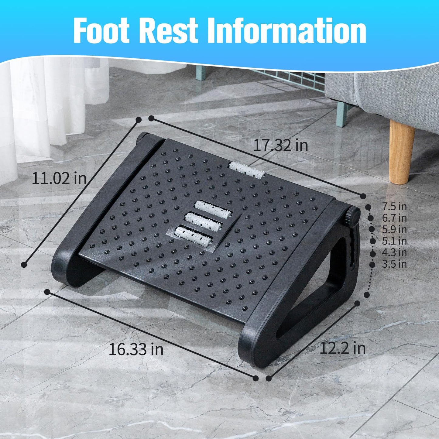 ThatPure Foot Rest for Under Desk, 6 Heights Adjustable Ergonomic Foot Stool with Massage Rollers, Chair Footrest for Leg Rests at Work Gaming Home Office