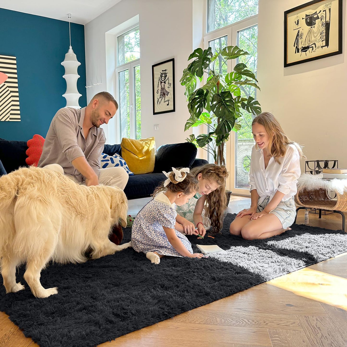 OLANLY Fluffy Area Rug for Living Room Bedroom, 4x5.9 Feet Soft Shaggy Non-Slip Carpet, Indoor Modern Plush Area Rugs for Kids Girls and Boys, Dorms, Nursery Rooms, Home Decor, Black