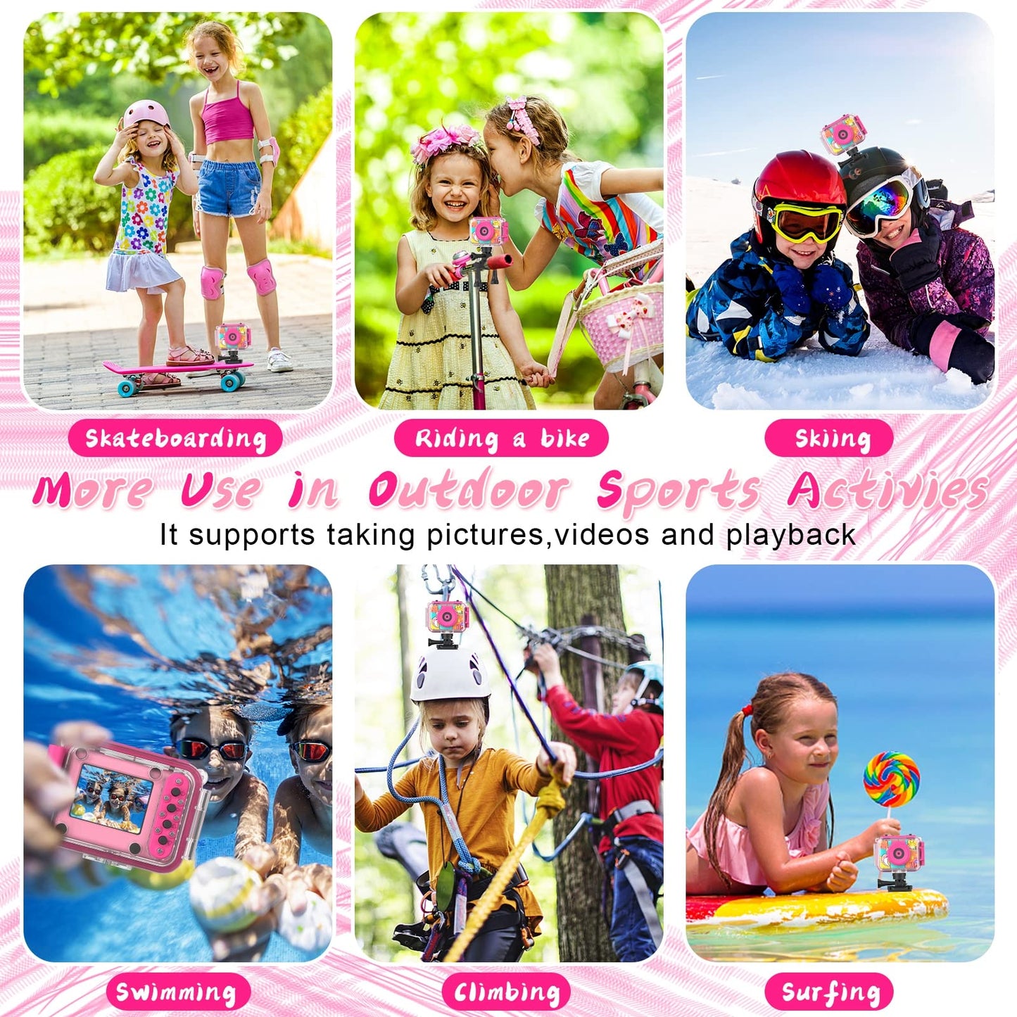 CHAKEYAKE Kids Digital Camera, 1080P HD Kids Waterproof Camera with Flip Len, Children Underwater Sport Action Camera for Outdoor Helmet with SD Card 32GB, Kids Birthday Gift for 3-12 Years Old Girls