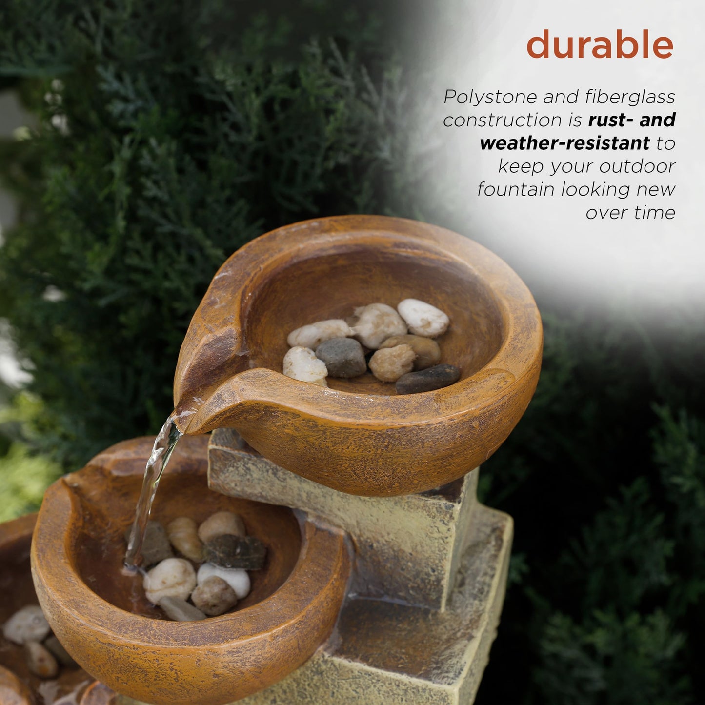 Alpine Corporation WCT726 Indoor/Outdoor Tabletop Tiered Pouring Pots Waterfall Fountain with Natural Stone Look, 16", Brown