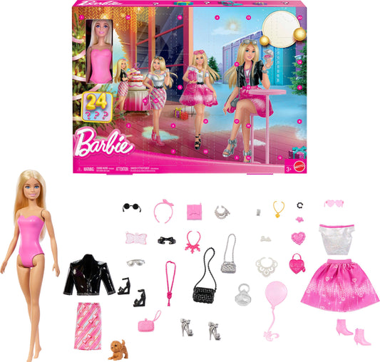 Barbie Doll Holiday Advent Calendar with 24 Clothing and Accessory Surprises Including Jacket, Skirt, Shoes, Purses, and a Pet Puppy, Blonde Doll
