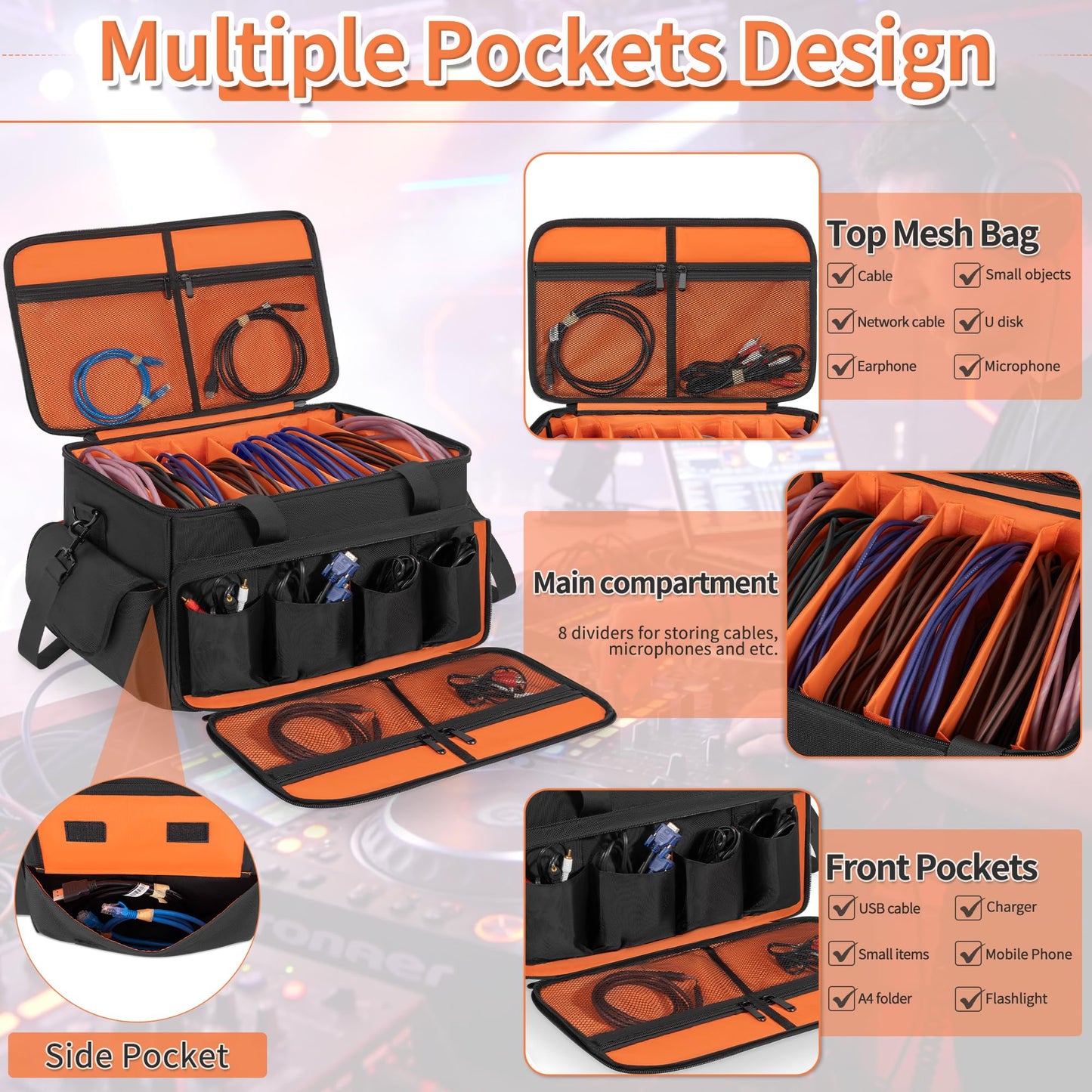 Cushioned-Bottom Cable case with Removable dividers, Featuring Multiple Pockets for Audio Equipment, DJ Gear, and Musician Accessories. (Orange, L-51x30x30CM)