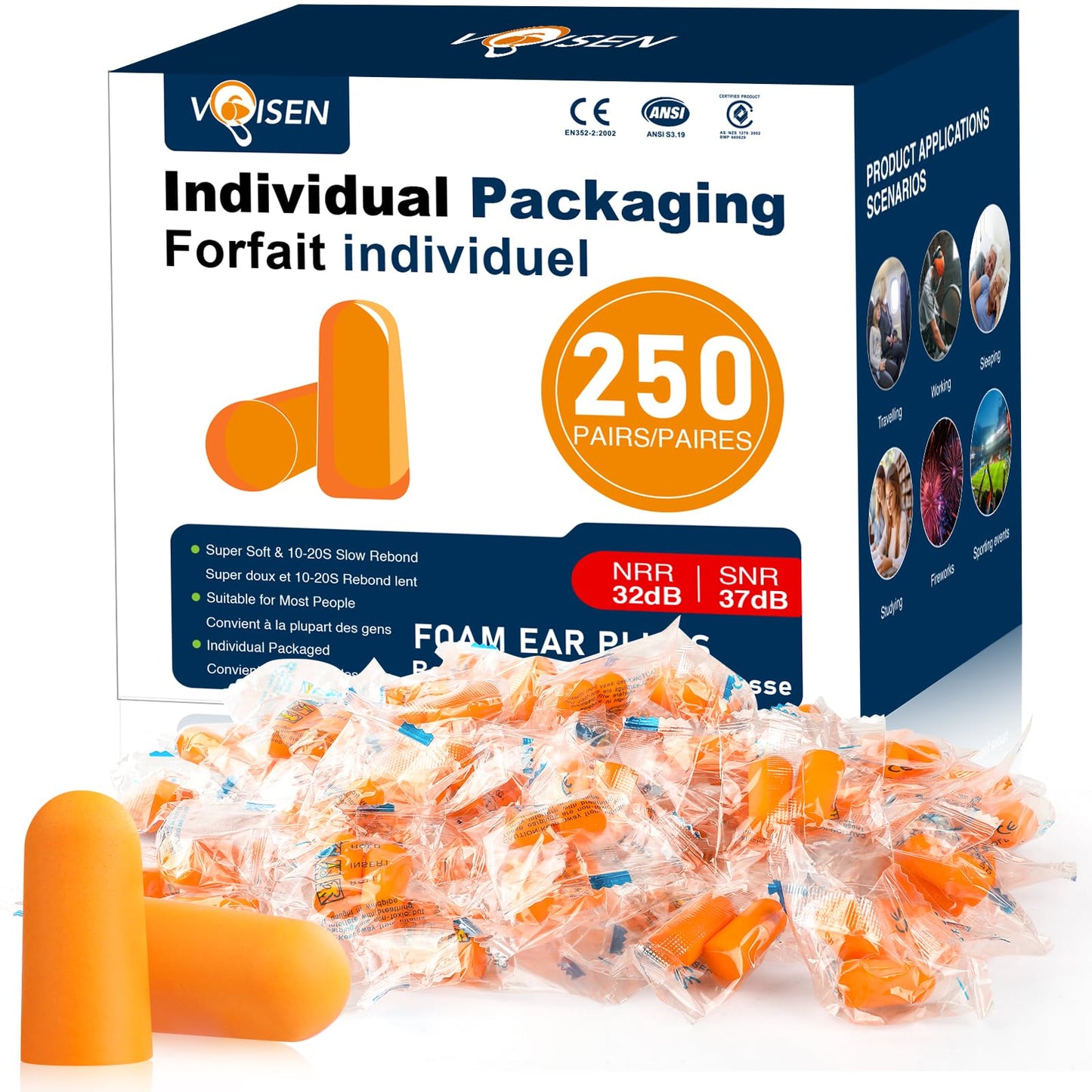 VOISEN Soft foam earplugs,250 Pairs Ear Plugs for Sleeping,Studying, Loud Events, Traveling & Concerts, Individual Package