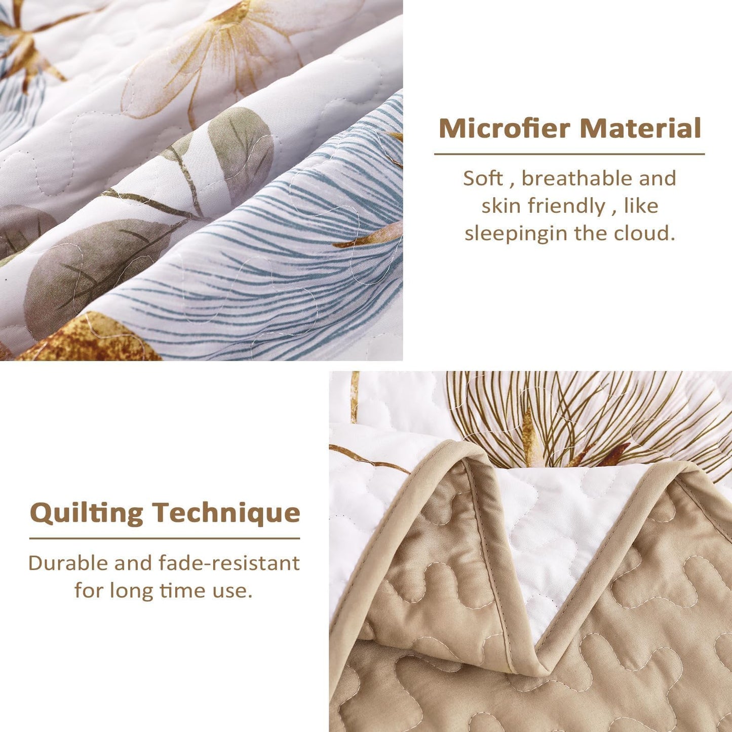 Floral Quilt Set Queen,Botanical Beige/Khaki Bedspread Queen Size 3 Pieces Lightweight Summer Quilts Microfiber Farmhouse Bedding Set Soft Flower Bedspreads White quilted Coverlet Sets for All Seasons