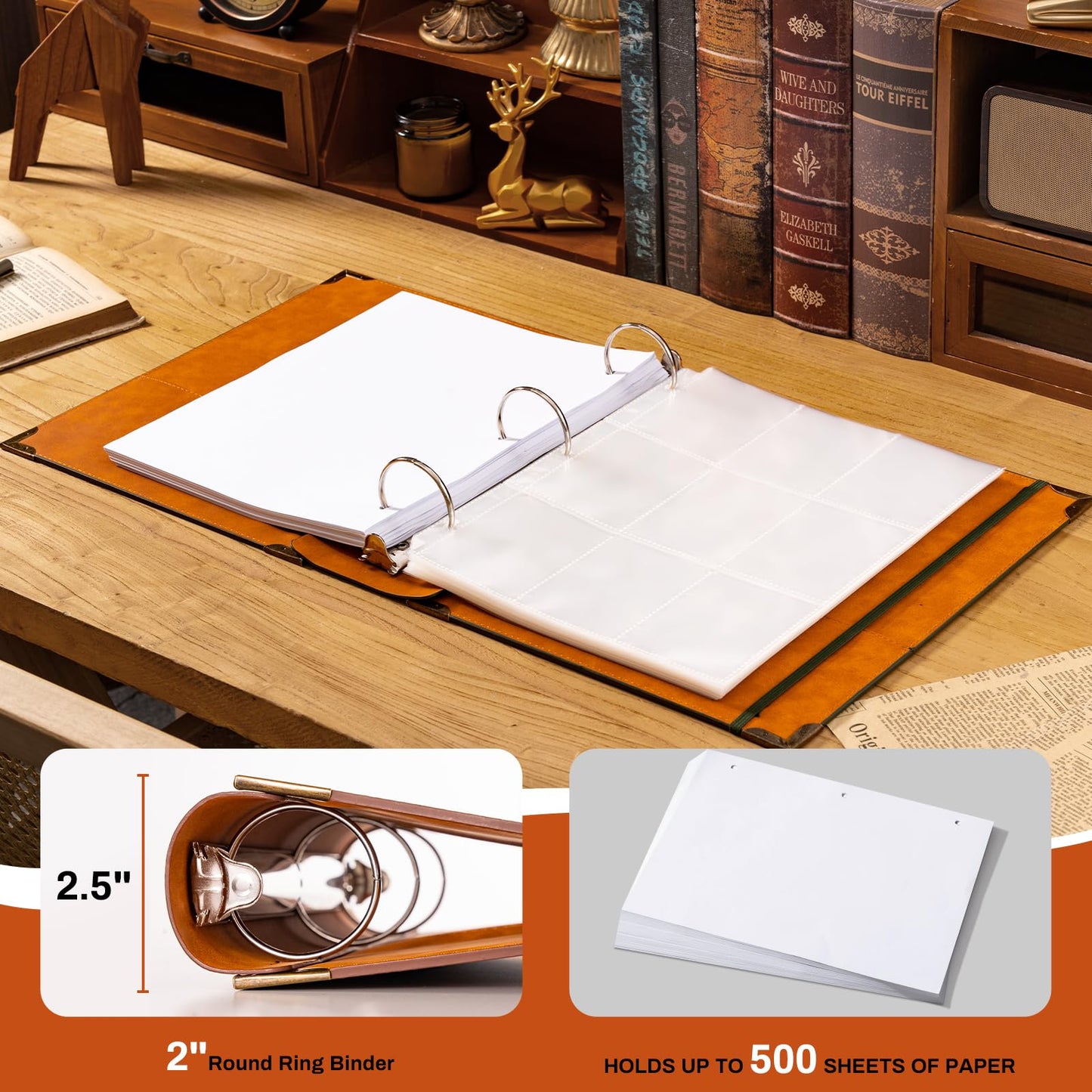 Ovesmusl Leather 3 Ring Binder Fits 8.5"x11" Letter Size Paper, 2 Inch Round Ring Binder Holds 500 Sheets, Notepad Paper Cover Loose Leaf Organizer, Green Tree