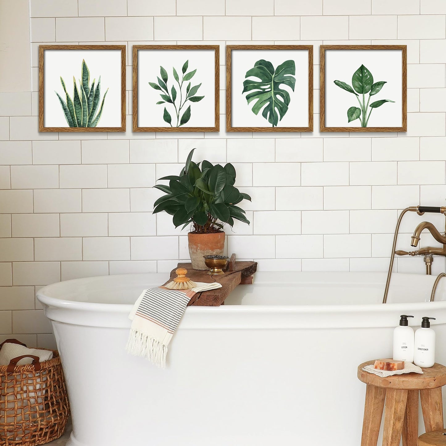 ArtbyHannah Framed Botanical Bathroom Wall Art Decor, 10x10 Inch 4 Pack Acrylic Sage Green Prints Set, for Spa & Farmhouse Decor for Bath, Restroom, Bedroom, Office Decoration (Walnut)