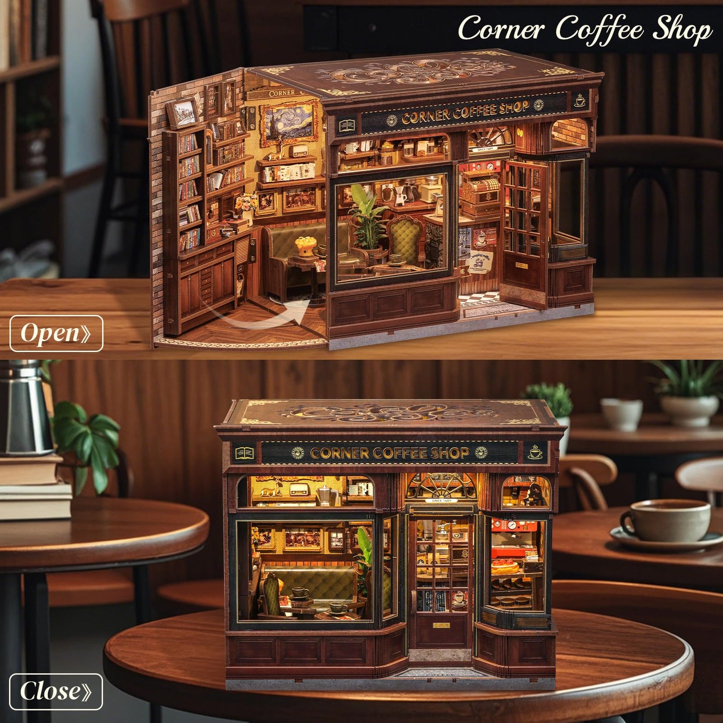 CUTEBEE Book Nook Kit - DIY Miniature House Dollhouse Kit for Adults and Teens, Booknook Tiny Japanese House Bookshelf Decor 3D Wooden Puzzle, Gifts for Family, Friends (Corner Coffee Shop)