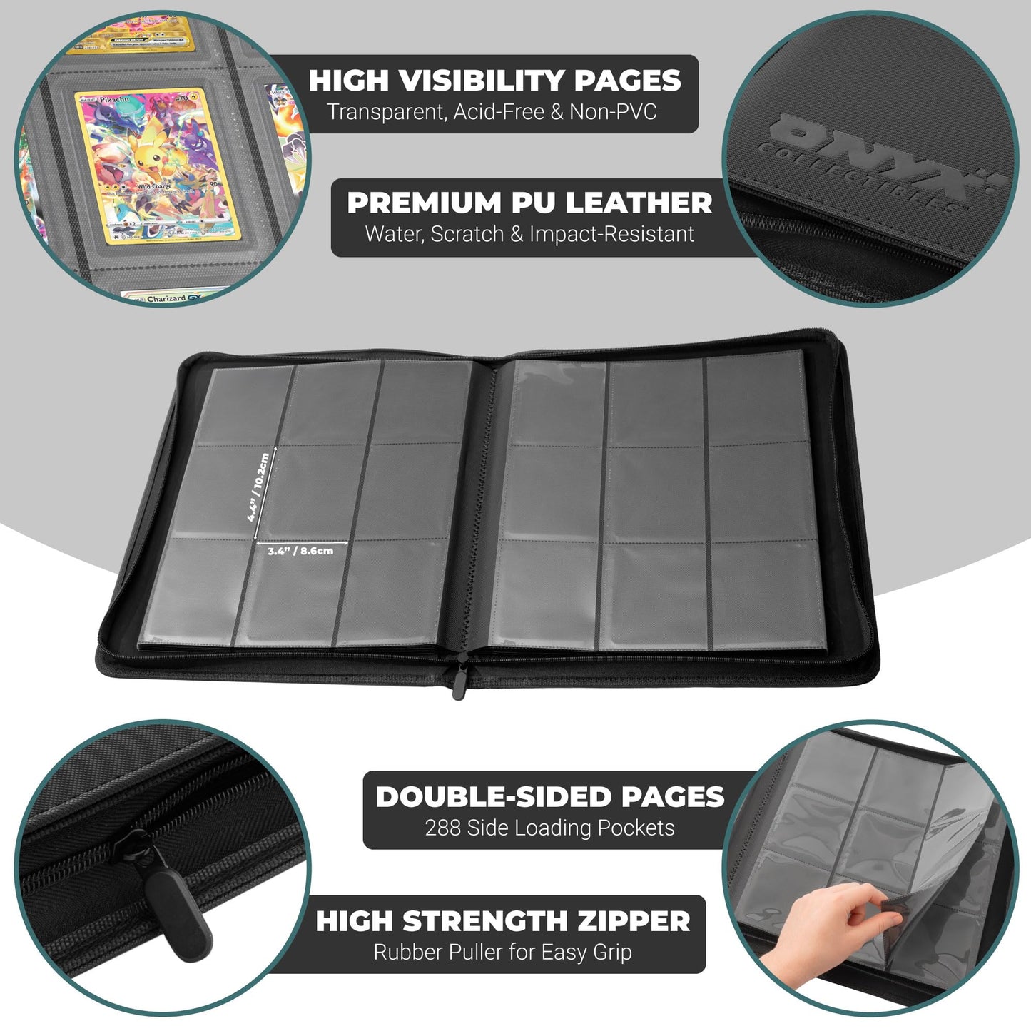 Onyx Toploader Binder 9-Pocket 288 Toploaders - 16 Ringless Double Sided Pages for Cards in 3" x 4" Top Loaders - 9 Pocket Side Loading Pages for Trading or Sports Card Storage - Zipper (Black)