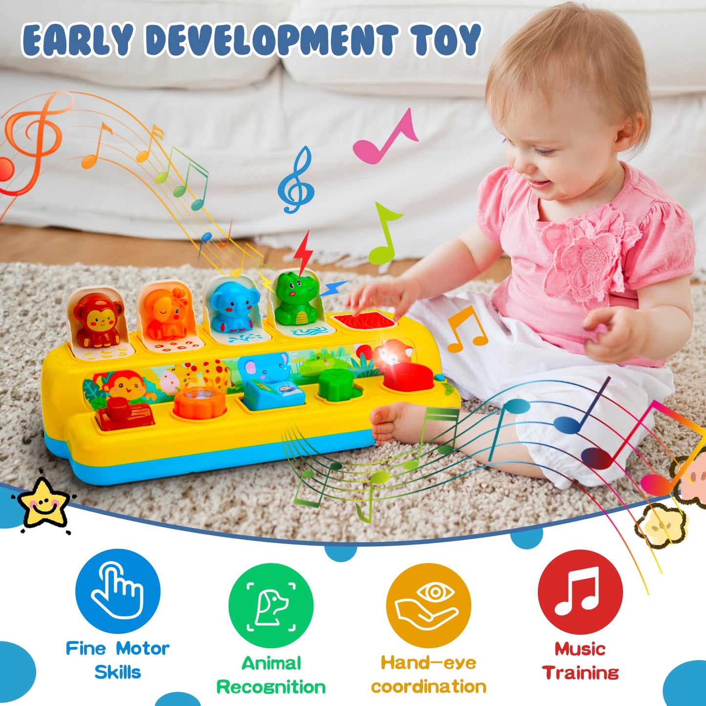 Interactive Pop up Animal Toys with Music & Light, Montessori Cause and Effect Toys for 1 Year Old Boy Girl Early Learning Musical Baby Toys 12 Months STEM Toddler Toys Age 1-2 Gift for Infant