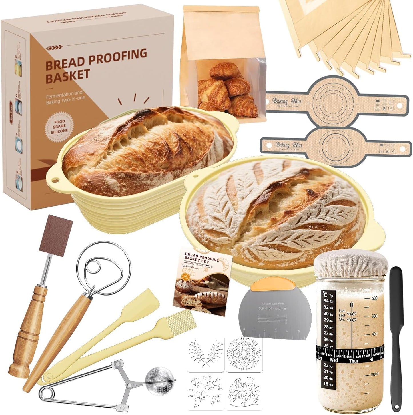 30 Pcs Sourdough Starter Kit,MQFORU Sourdough Bread Baking Supplies with 10" Round & 10" Oval baskets,Silicone Sourdough Bread Kit,Sour Dough Starter Kits for Bakers Wife Mom Women (Creamy yellow)